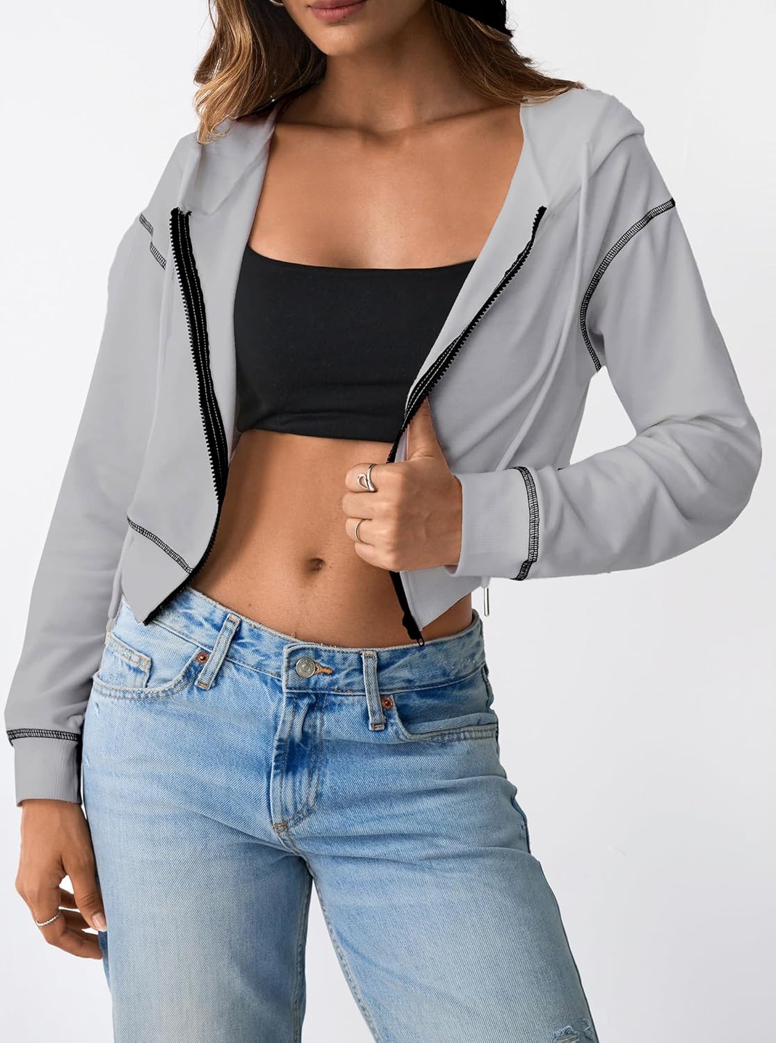 Remidoo Women's Zip Up Hoodie Cropped Sweatshirt Casual Contrast Trim Long Sleeve Tops - Image 5
