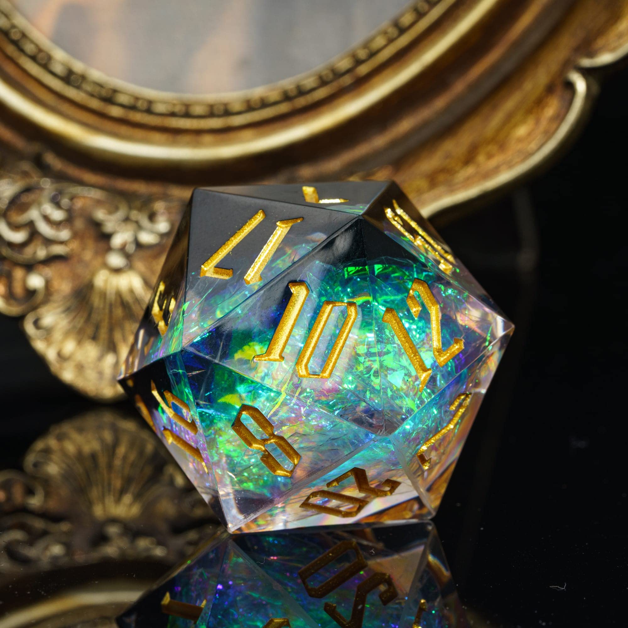 Cusdie Dadi D20 DND da 33 mm, con bordi affilati e inclusioni in lamina glitterata, dadi singoli da 20 lati, per giochi di ruolo come regalo per giochi di ruolo come dungeons e draghi (nero