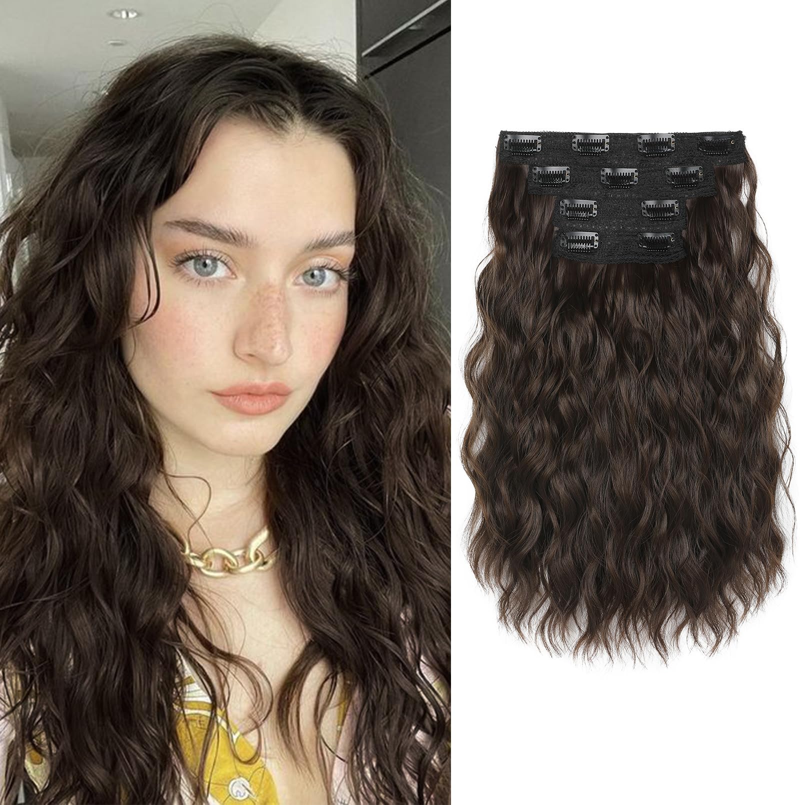 REECHO Clip in Hair Extensions, 4PCS Hair Extensions 14" Short Wavy Invisible Lace Weft Natural Soft Hairpieces for Women – Chocolate Brown