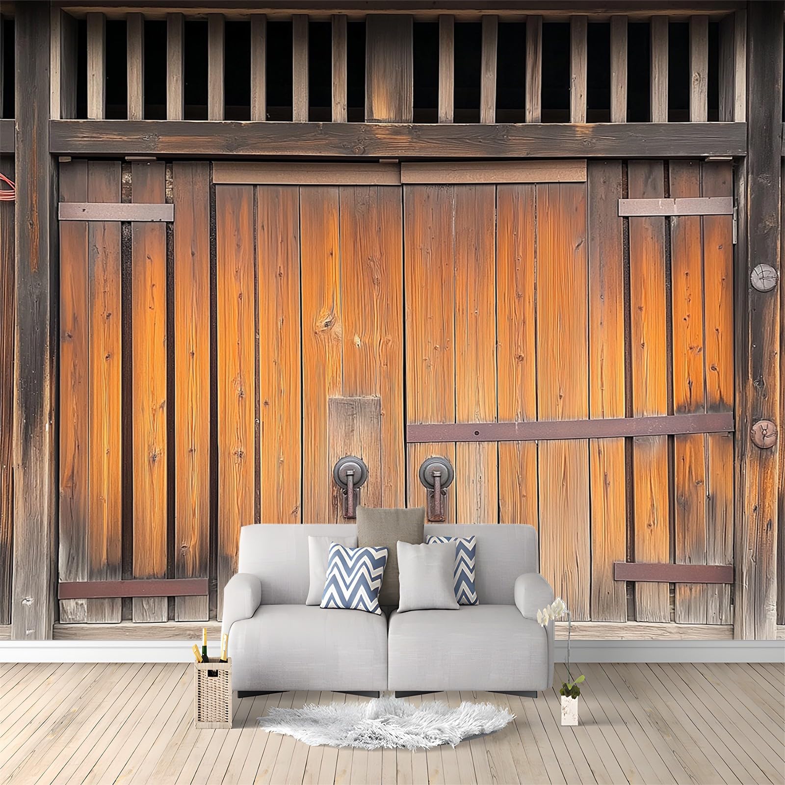 Photo Wallpaper 300 x 210 cm 3D Effect Murals Wallpaper Shabby Chic Wooden Barn Door Poster Wallpaper Decoration for Bedroom Dining Room Kitchen and kidsroom Brown Art Mural Wallpaper