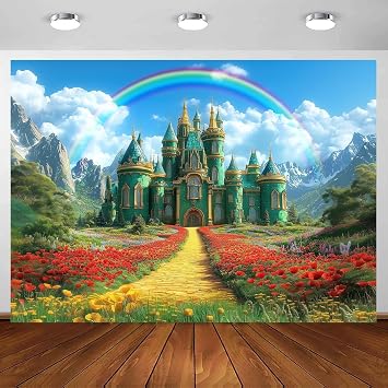 Emerald Castle Backdrop 8 x 6 ft, Green Castle Runner Yellow Brick Road Background Spring Fairy Castle Rainbow Backdrop Party Decorations Photo Props Banner