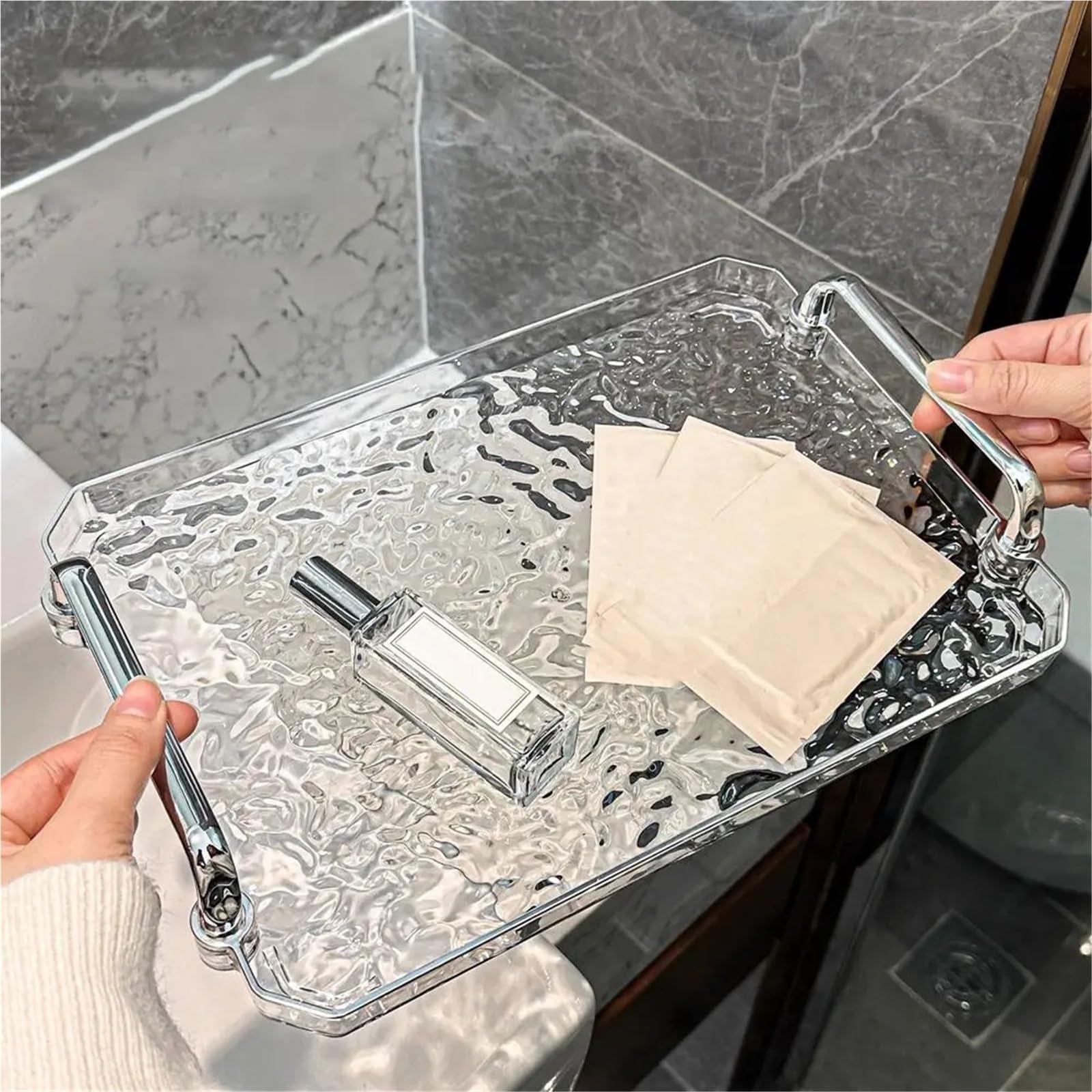 Bandeja Transparente para Servir, Bandeja para Taza de té con asa, Bandeja Decorativa para el té de la Tarde, para Sala de Estar (Gris L)