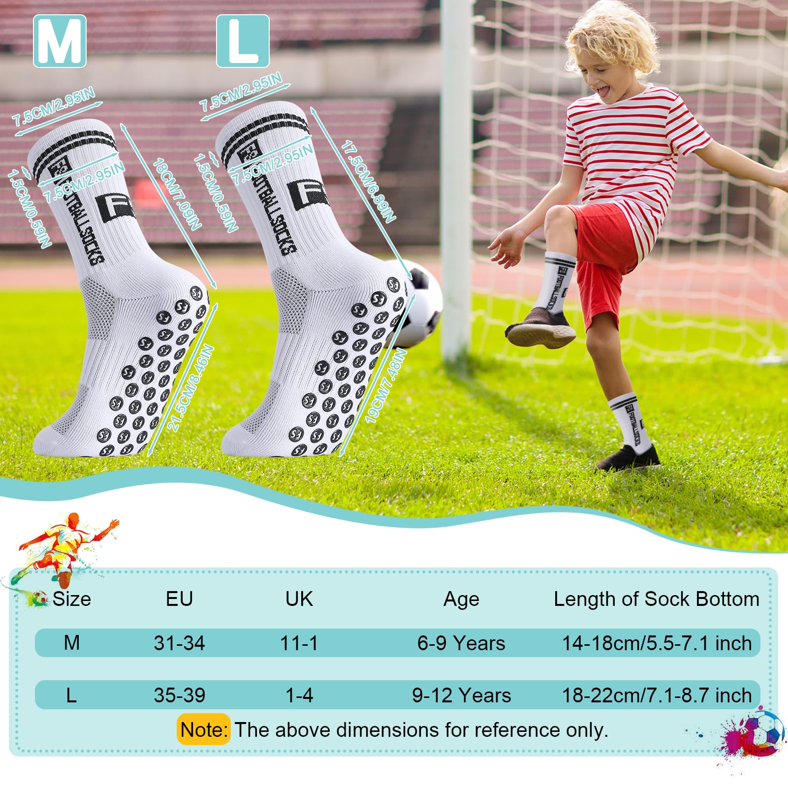Utensilsto 4 paia di calzini da calcio per bambini, calzini da calcio, antiscivolo, per calcio, basket, corsa, rugby tennis