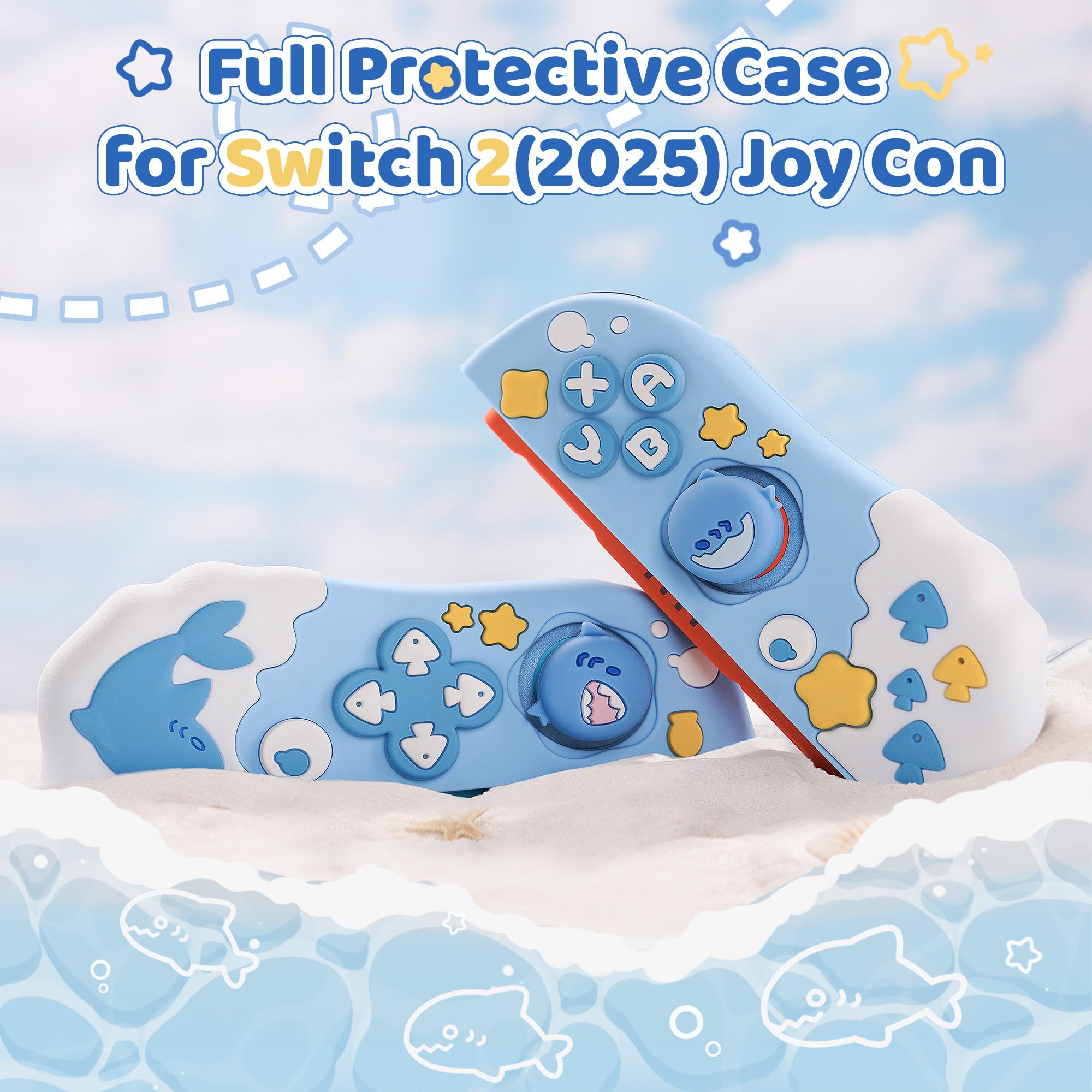 GeekShare Protective Case Compatible with Joy Con of Switch 2 Controllers,Silicone Switch Controller Skin, Anti-Slip Protective Case for Switch 2 (2025) with 2 Thumb Grips - Shark Party - 3