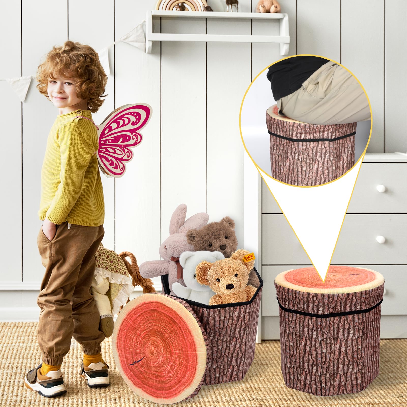 Round Storage Ottoman Cube, Tree Stump Stool, Forest Decor, Multifunctional Toy Storage Box, Cute Foldable Ottoman Stool, Tree Stump footstool Ottoman Storage, 11