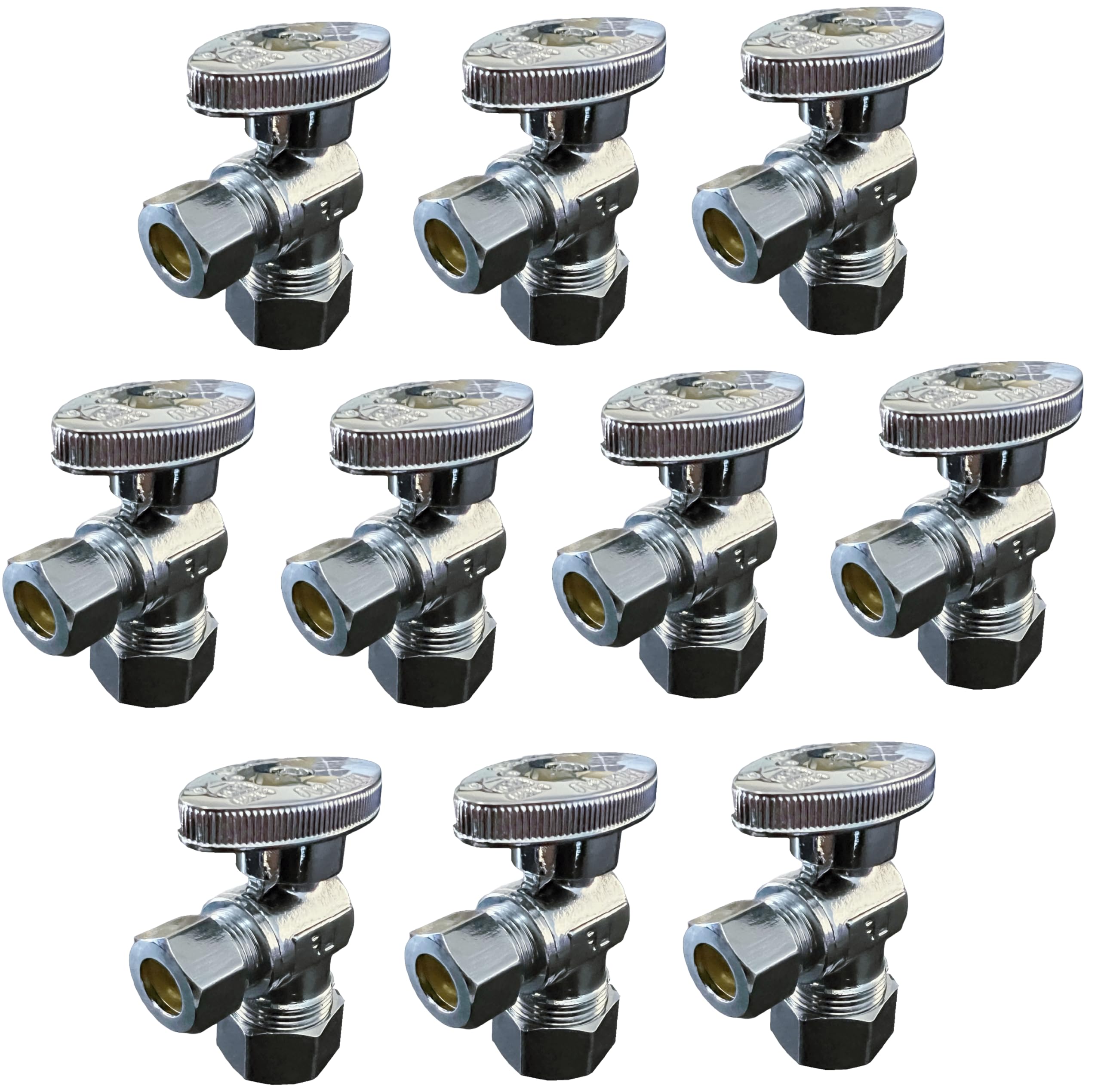 (10-Pack) EZ-Fluid 1/2" Nom. (5/8"OD) Compression x 3/8" OD Compression Angle Stop Valve,Chrome Brass, 1/4 Turn Water Shut Off Valve for Copper Plumbing,Bathroom,Kitchen,Laundry Sink LF