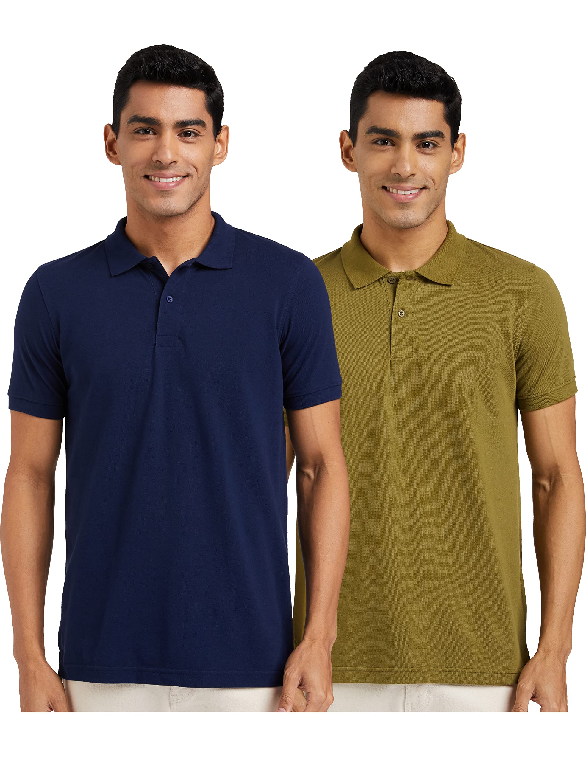 Amazon Brand - Symbol Men's Cotton Rich Polo T Shirt | Collar Tshirts | Half Sleeves | Plain (Combo Pack of 2) - Regular Fit (Neo Olive & Iris Navy_3XL)