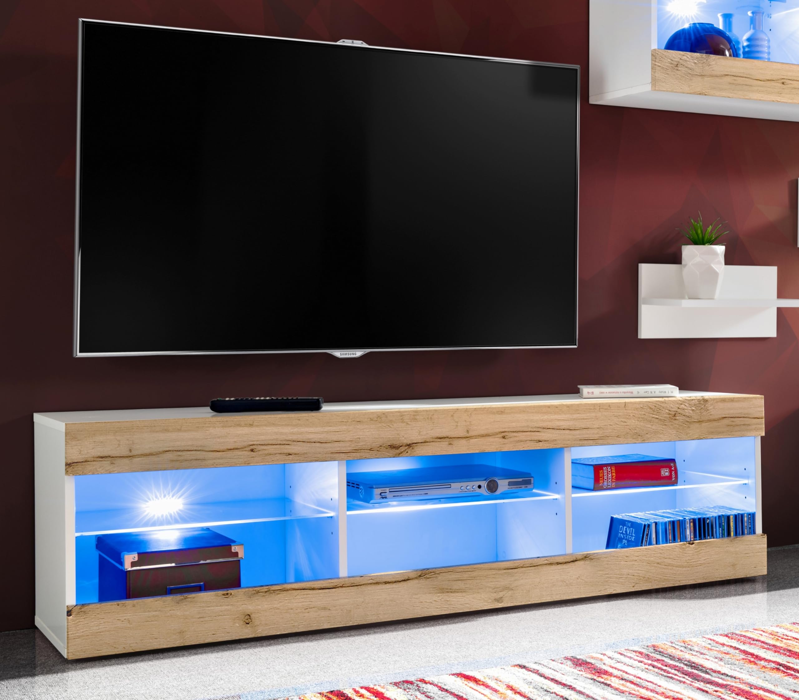 Komodee, Set Di Mobili Porta TV Tivoli Medio RTV, White/Wotan, LED Blu, Larghezza 245 cm x Altezza 159 cm x Profondità 35 cm, Per soggiorno, Camera da letto