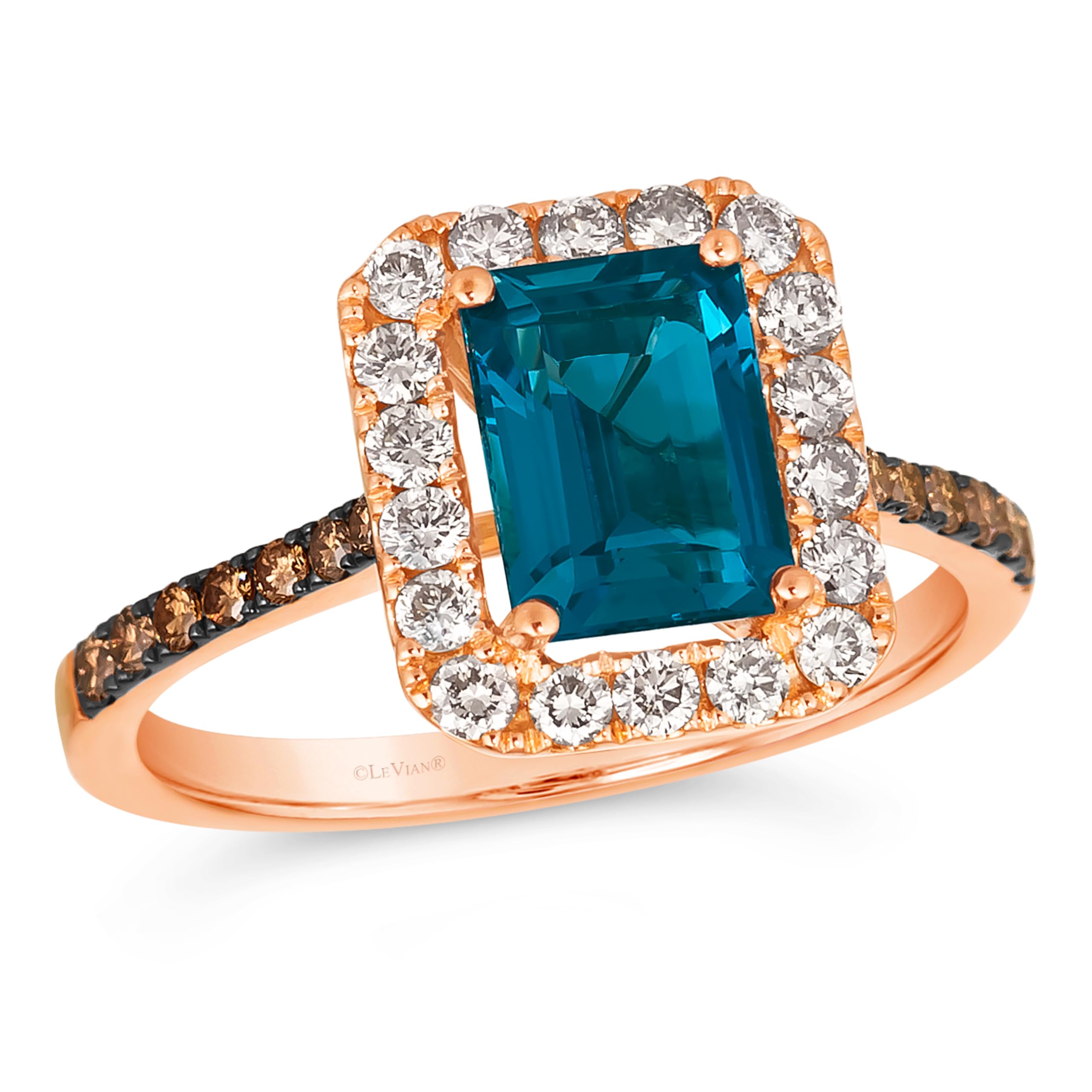 LE VIAN 1/2 Carat Chocolate Diamond Ring for Women w London Blue Topaz or Tanzanite | 14k White or Rose Gold Emerald Shape Ring for Her (White/Brown,