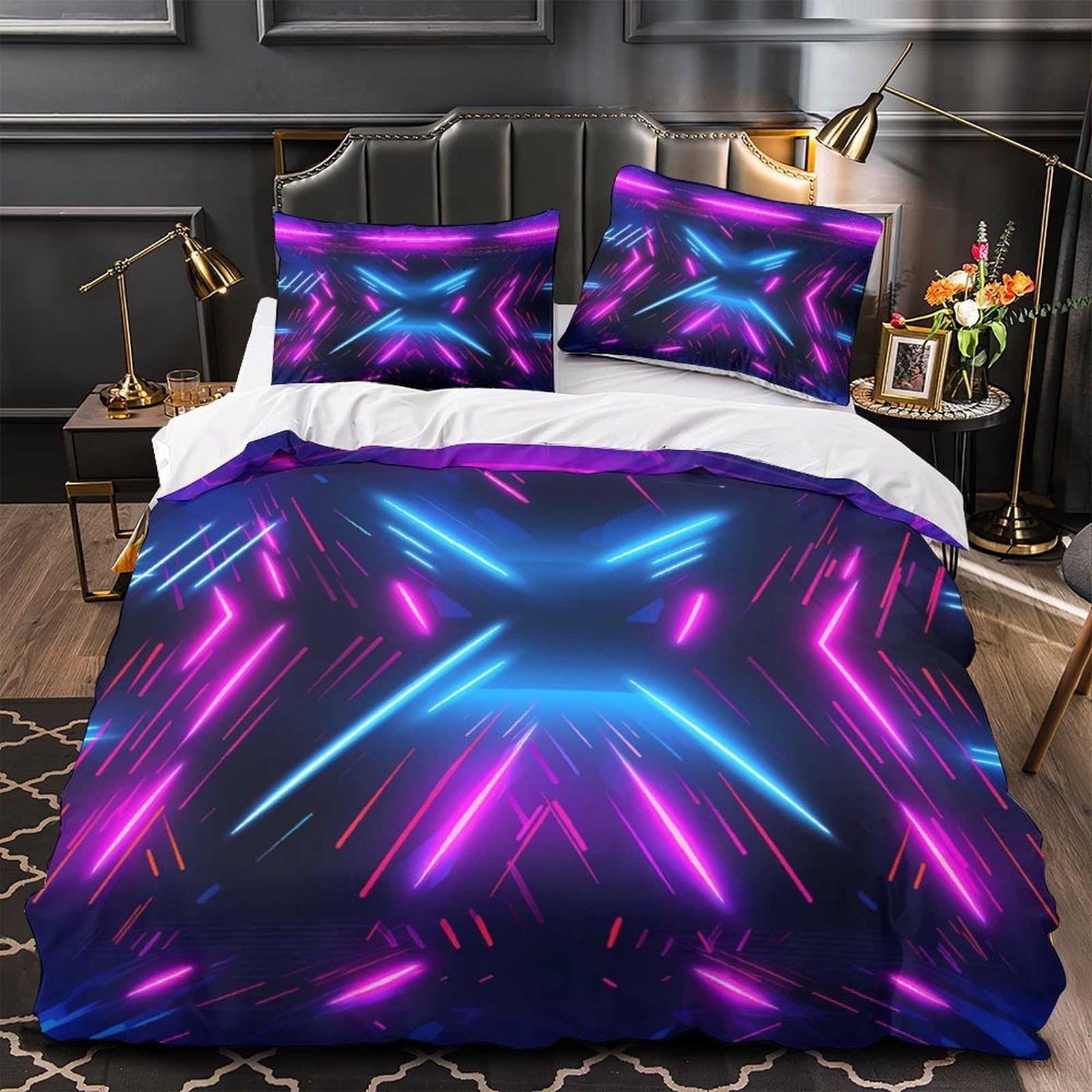 MMDASBVPE Neon Lights Comforter Cover 3D Design Printed Luxurious 3 Piece Bedding Set Zipper Quilt Cover Super Soft Anti-allergic for Kids Adults Women Girls Boys Teens Super king（260x220cm）