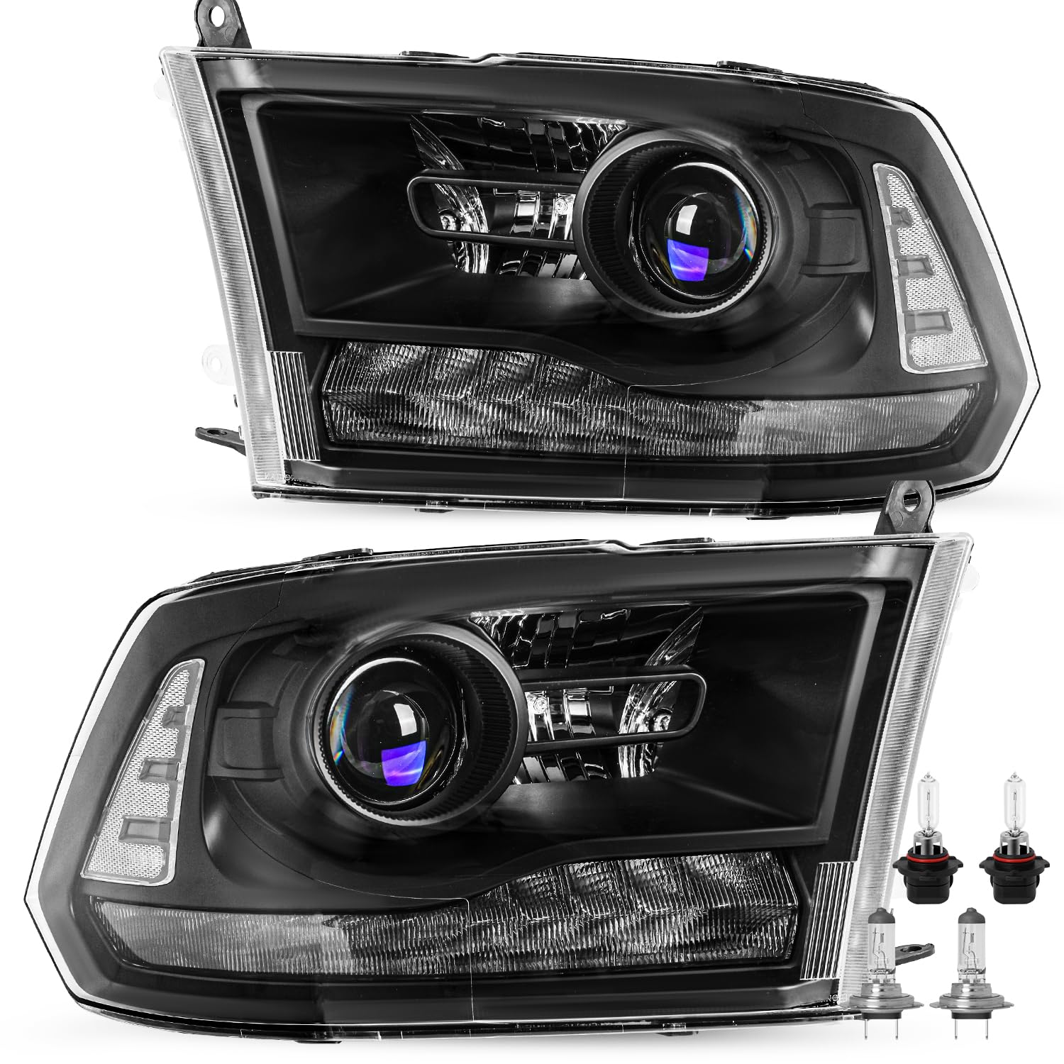 JSBOYAT-For OE Projector Style Model 2013-2018 Dodge Ram 1500 2500 3500 Headlights with LED DRL Headlamps Driver and Passenger Side Black Housing with Clear Reflector