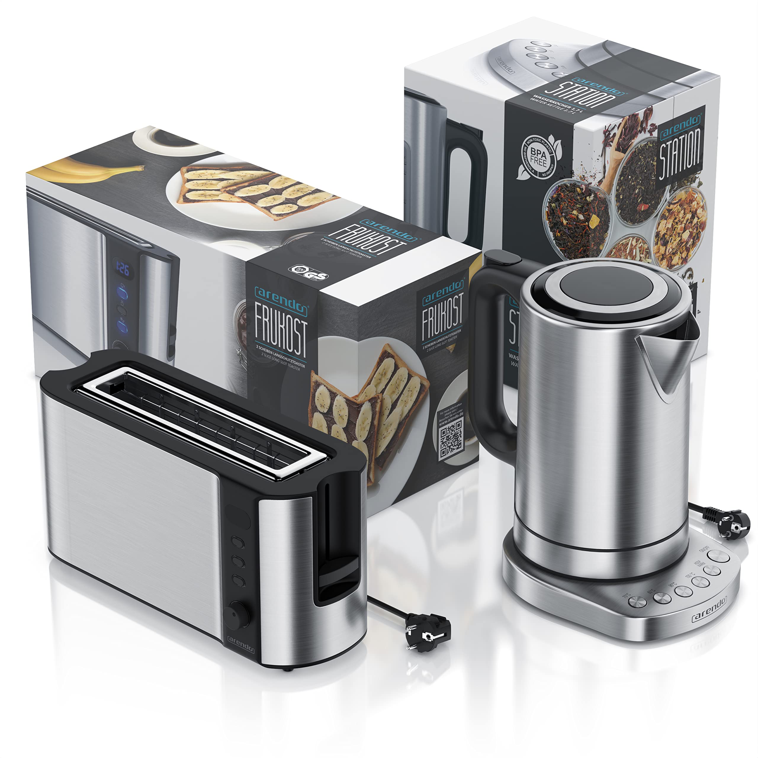 Arendo - Wasserkocher mit Toaster Set - 1,7L Kocher mit 4 Temperaturstufen 1000W Langschlitztoaster für 2 Scheiben Toast 6 Bräungungsstufen - Frühstücksset