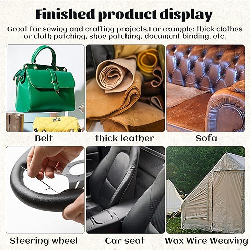 Miniatura 7 de Tikjiua Hilo encerado, hilo de coser de cuero de 492 pies con agujas de coser para reparación de tapicería, agujas curvas, hilo de cuero negro y