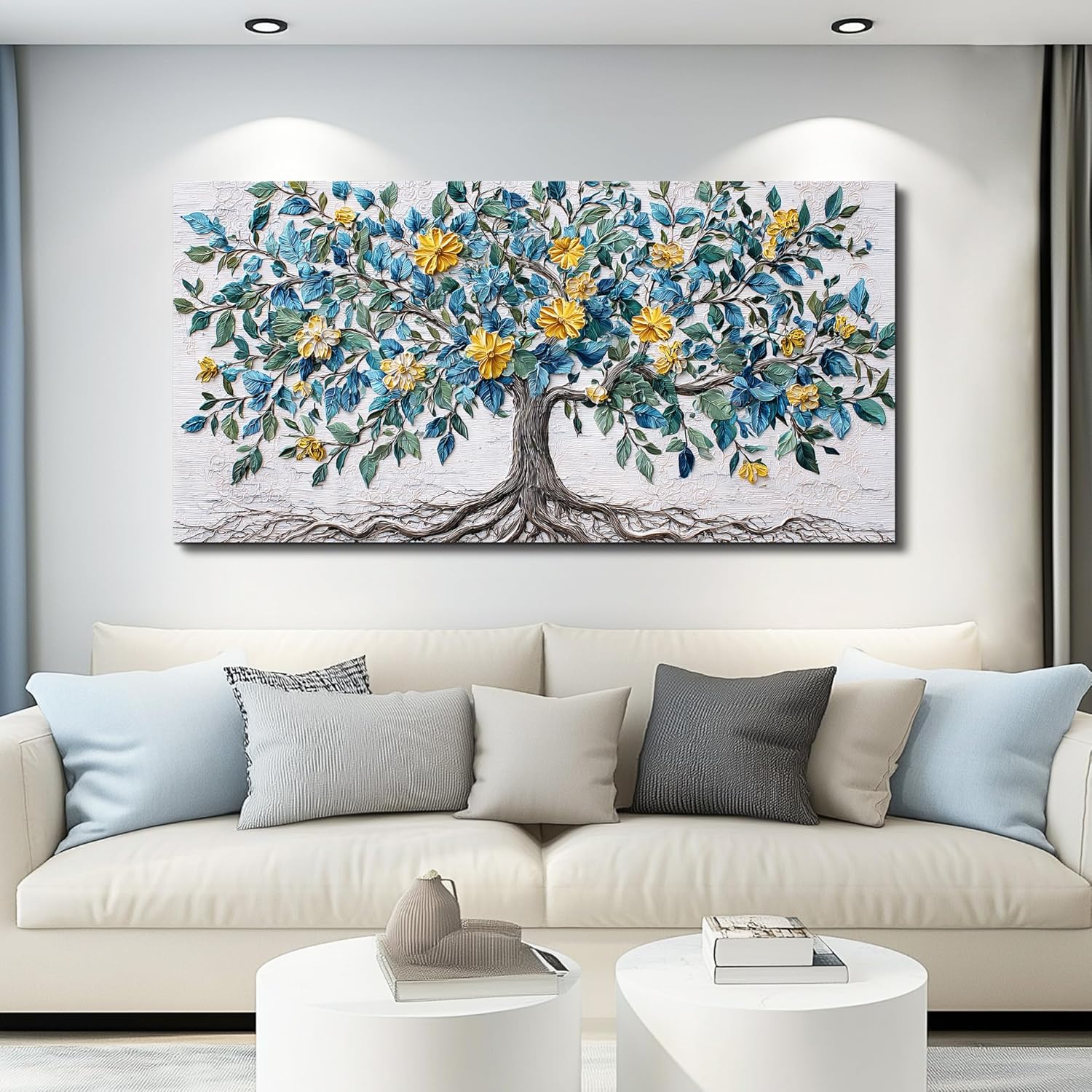 JUDASJART Canvas Wall Art For Living Room Wall Decor For Bedroom Office Wall Decoration Blue Green Leaf Yellow Flower Tree Landscape Painting Artwork Room Aesthetic Home Decor 20x40 In