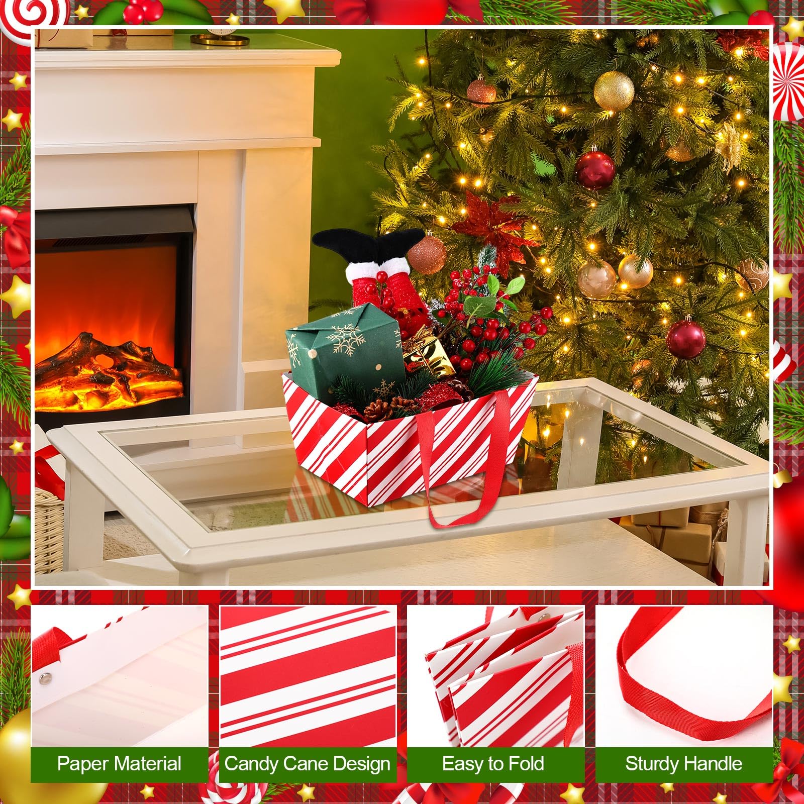 Pinkunn 48 cestas de Navidad vacías a granel con diseño de bastón de caramelo rojo y blanco con asa, bandeja de mercado para envolver regalos, exhibición de regalos de vacaciones (9.8 x 6.5 x 4.3