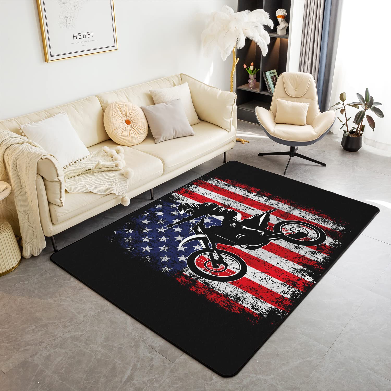 Dirt Bike Living Room Rugs 6'6" x 4'11",Motocross Non Slip Area Rugs for Bedside,Retro American Flag Carpet Grunge Decor,Extreme Sports Tie Dye Area