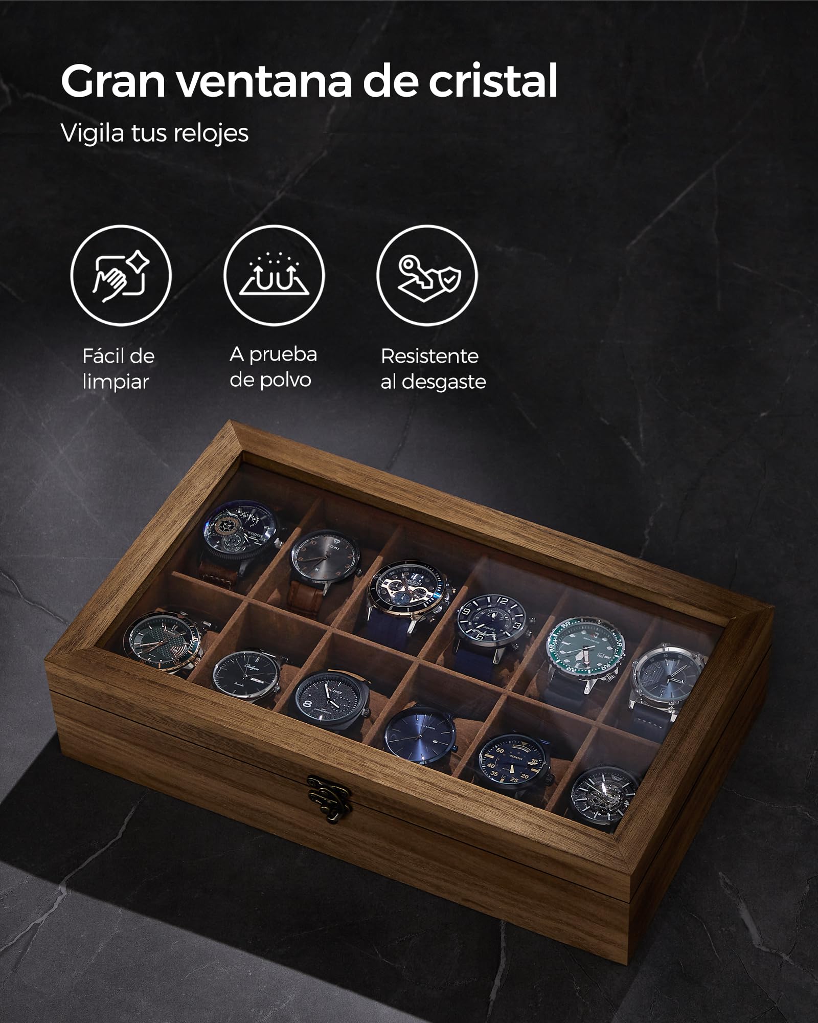 SONGMICS Caja para Relojes 12 Compartimentos Madera Maciza Tapa Cristal Nogal Rústico JOW120K01