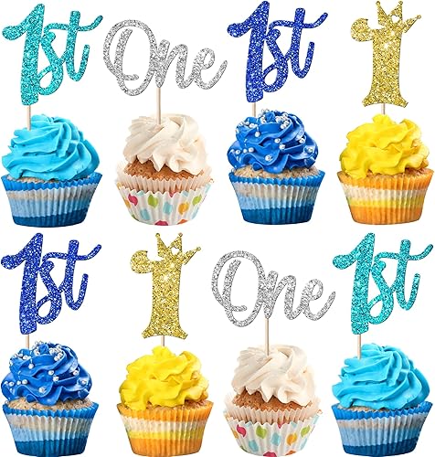 Paquete de 24 adornos para cupcakes de un cumpleaños, con purpurina para el primer cumpleaños, coronas, decoraciones de pastel feliz para el primer