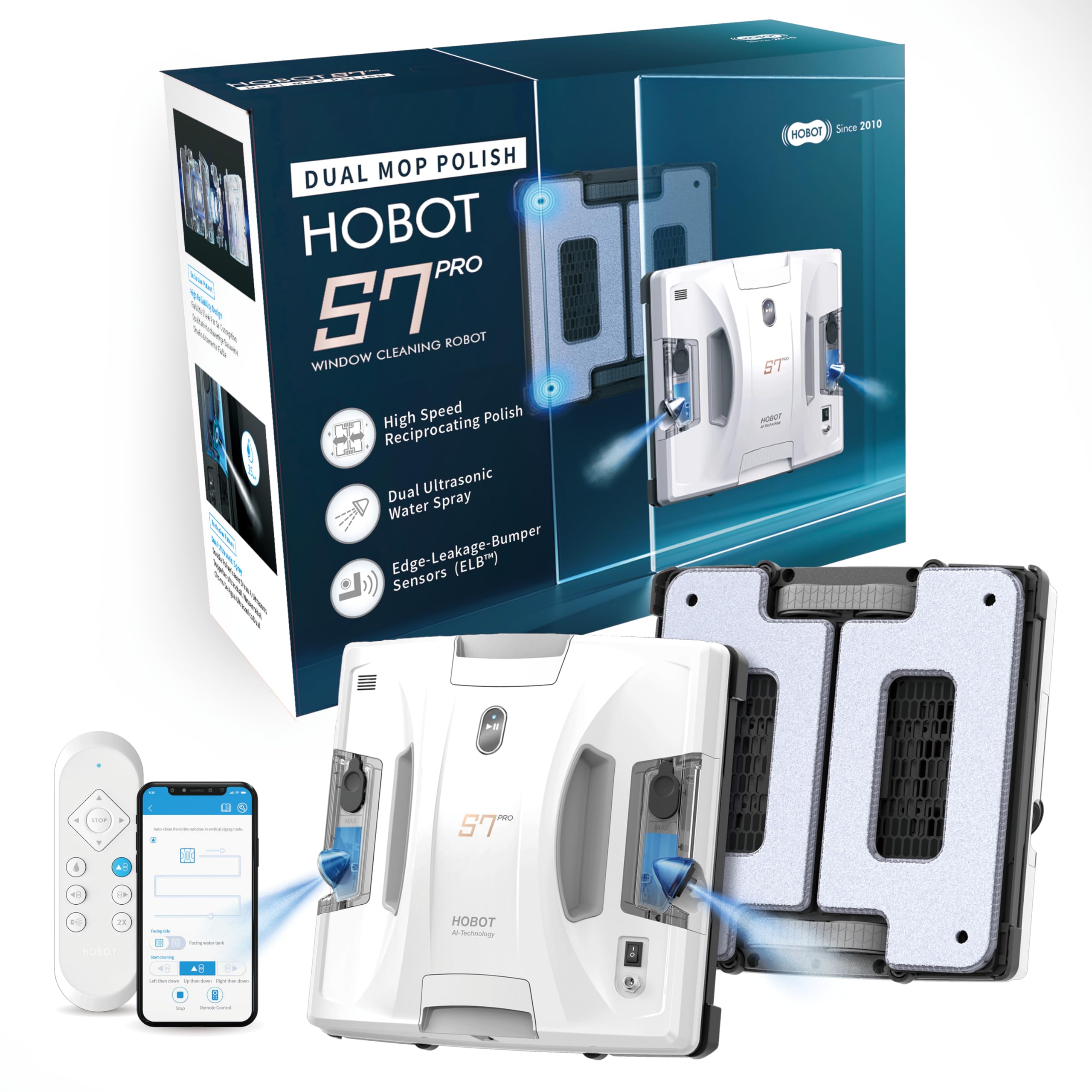 HOBOT S7 Pro Window Cleaning Robot | Dual Mop Polish Hand Wiping Technology, 15nm Ultrasonic Spray, 4800Pa Suction | Automatic Window Washer Robot for Framed/Frameless Glass, Indoor & Outdoor Use