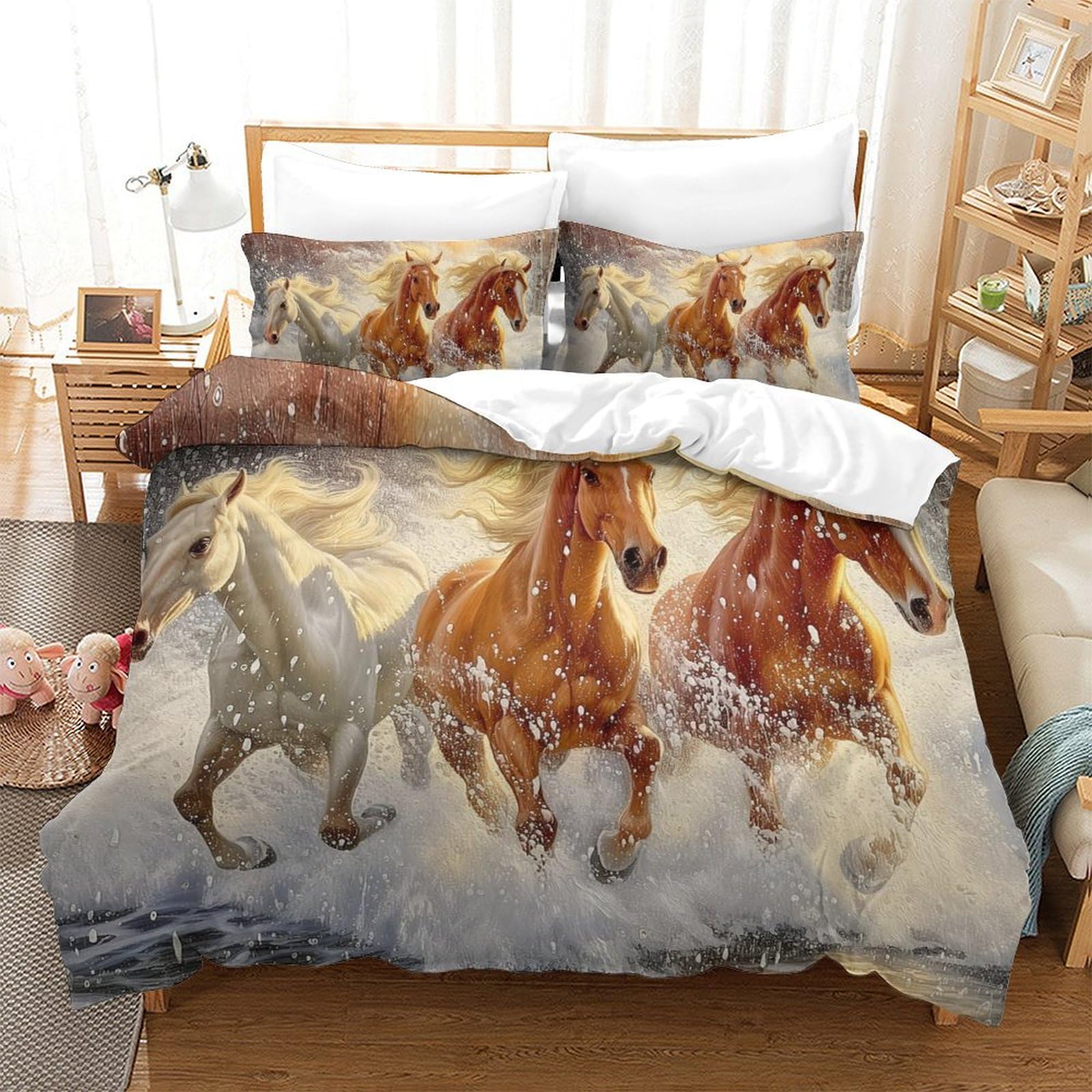 Ensemble de literie 3D cheval blanc microfibre douce super king