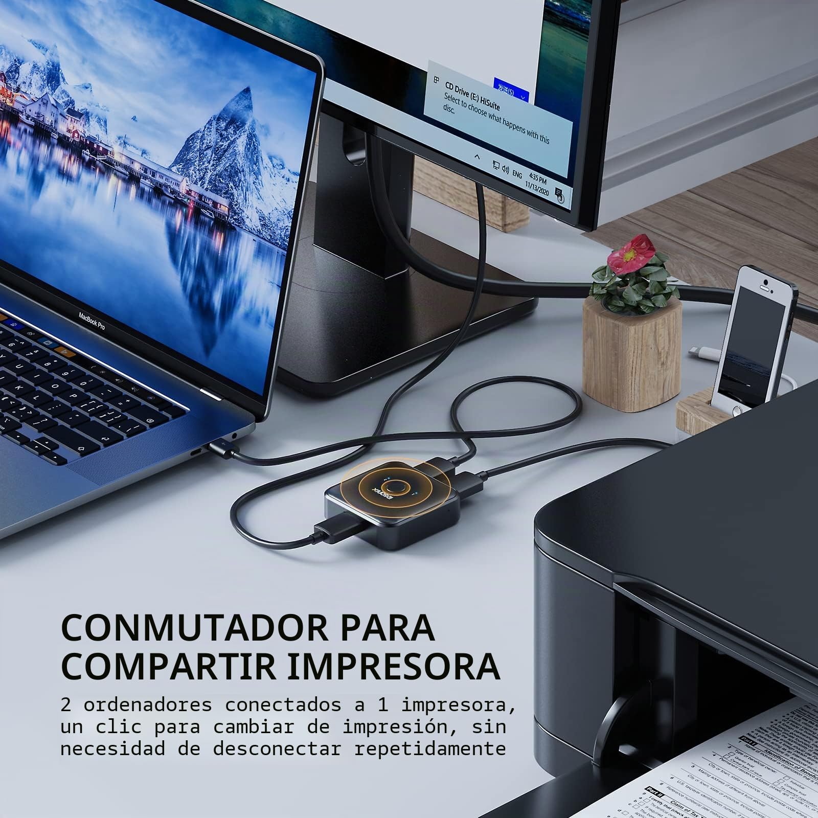 iDsonix USB 3.0 Selector de Interruptor, USB Switch 2 en 1 Salida (1 en 2 Salida) Bidireccional 2 USB Sharing Switch para PC, Impresora, escáner, Teclado
