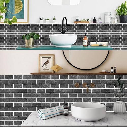 Miniatura 5 de Papel tapiz negro de 12 hojas, azulejos de metro de 6 x 12 pulgadas, azulejos autoadhesivos de PVC, impermeables, adhesivos de vinilo para