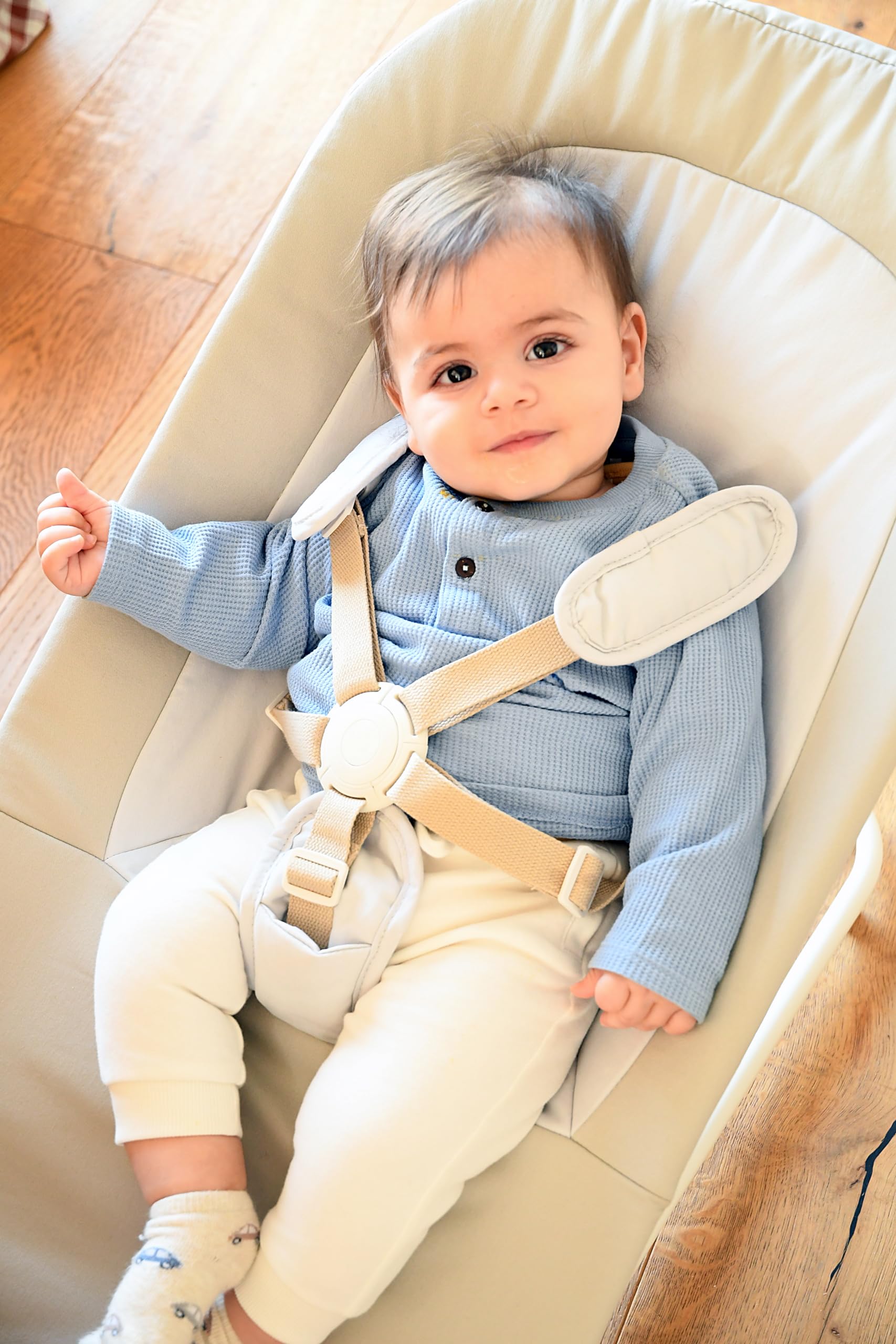 BÉABA, Hamaca Plegable, 3 Reclinables en 1 Botón, Ultra Compacta y Delgada, Arnés de 5 Puntos, Sistema de Plegado Patentado, 100% Algodón, Hasta 15kg, Funda de Transporte Incluida, Eazy Relax - Gris