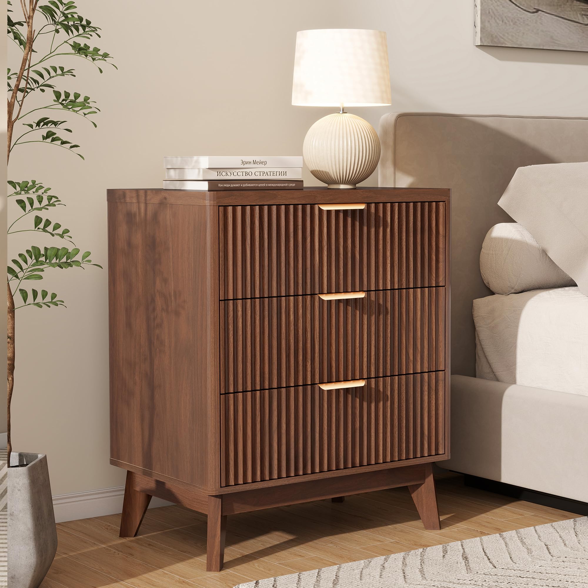 LYNCOHOME Fluted Nightstand with 3 Drawers in Walnut