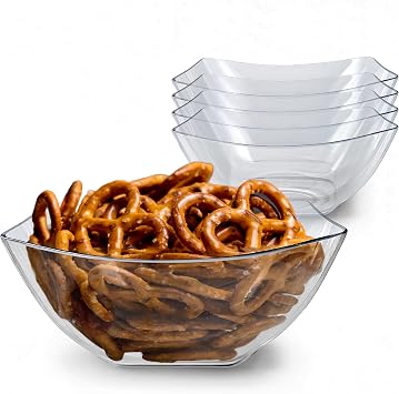 32oz Clear Plastic Serving Bowls 4 Pack Medium Candy Dishes, Square Plastic Buffet Containers for Chips, Snacks, Mints, Salad Bar, Snack Bowl Parties, Office, Bridal Shower, Party Supplies