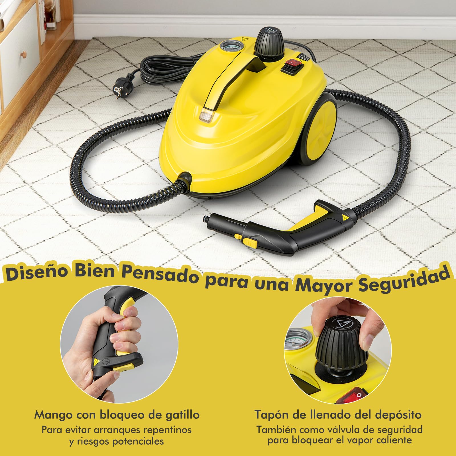GOPLUS Limpiador a Vapor de 2000 W, Máquina de Limpieza de 1,8 L de Capacidad de Agua con 15 Accesorios, Escoba de Vapor para Alfombras, Sofá, Vidrio y Manchas Difíciles (Amarillo)