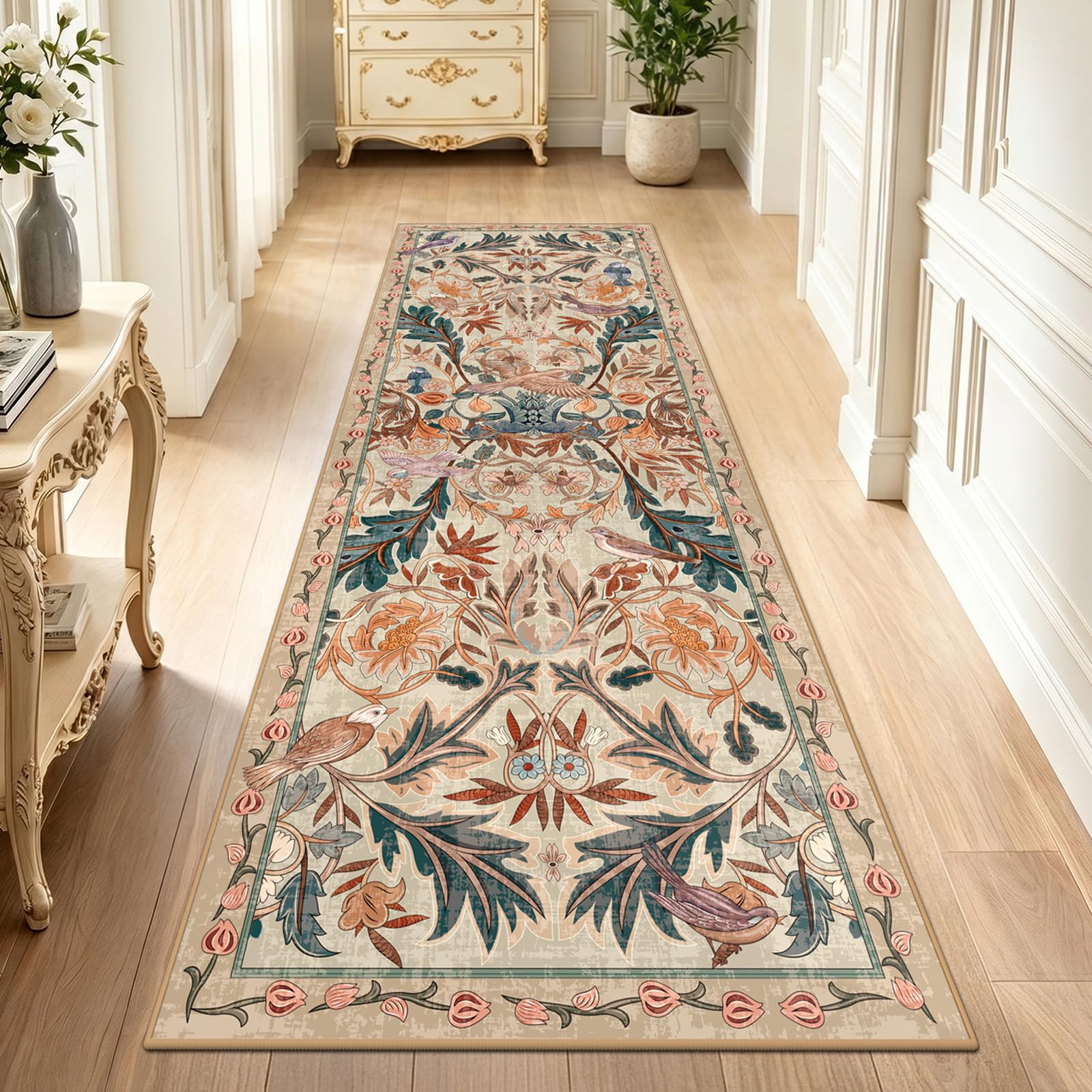 TUKDAK Teppich Läufer für Flur, Waschbarer Teppich Wohnzimmer, Boho Weich Kurzflor Schlafzimmer Carpet