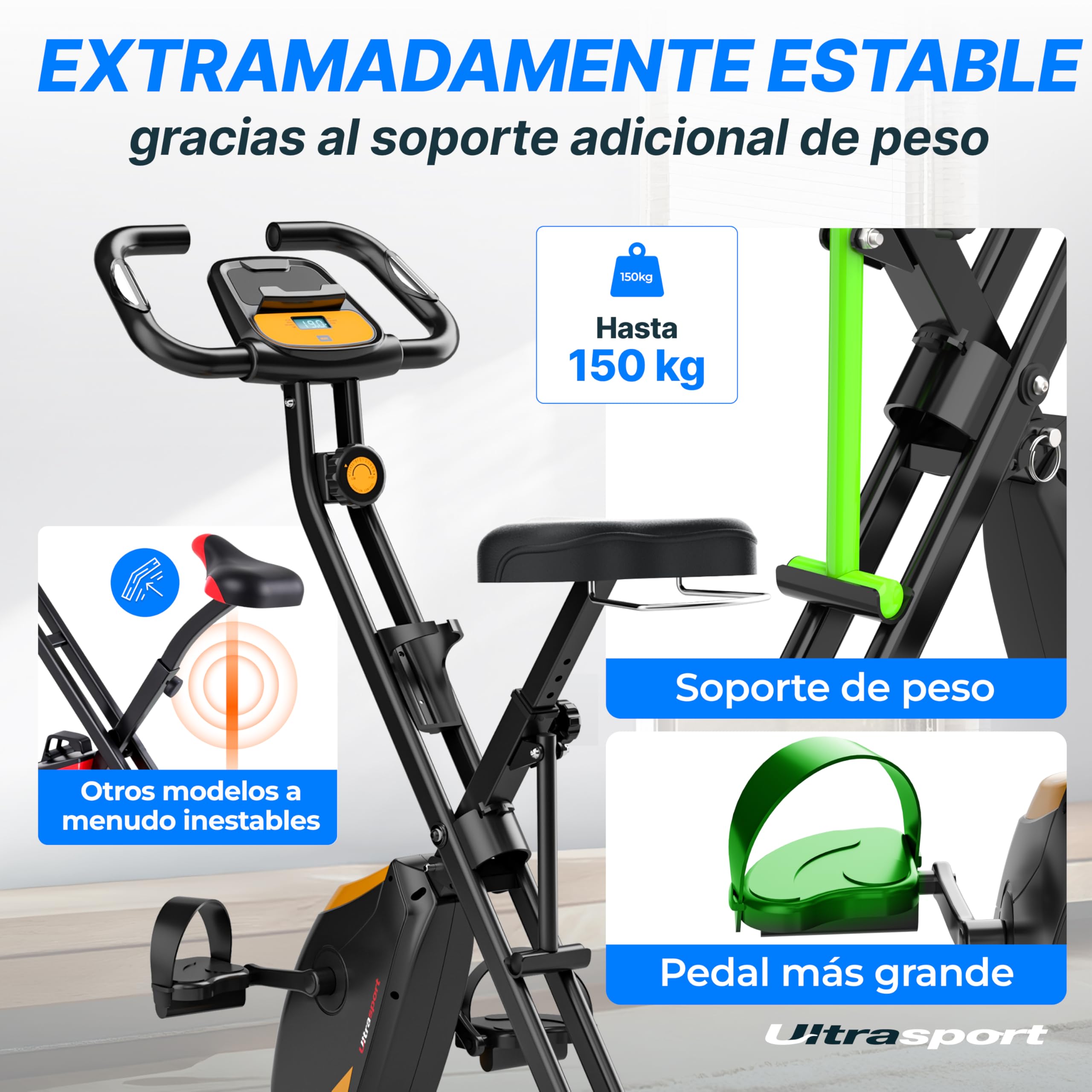 Ultrasport F-Bike Pro Bicicleta Estática Plegable hasta 150 KG, con 16 Niveles, Sillín Cómodo, Función con App, Extra Silenciosa I Bici Estática Plegable Indoor, Bicicletas Estáticas