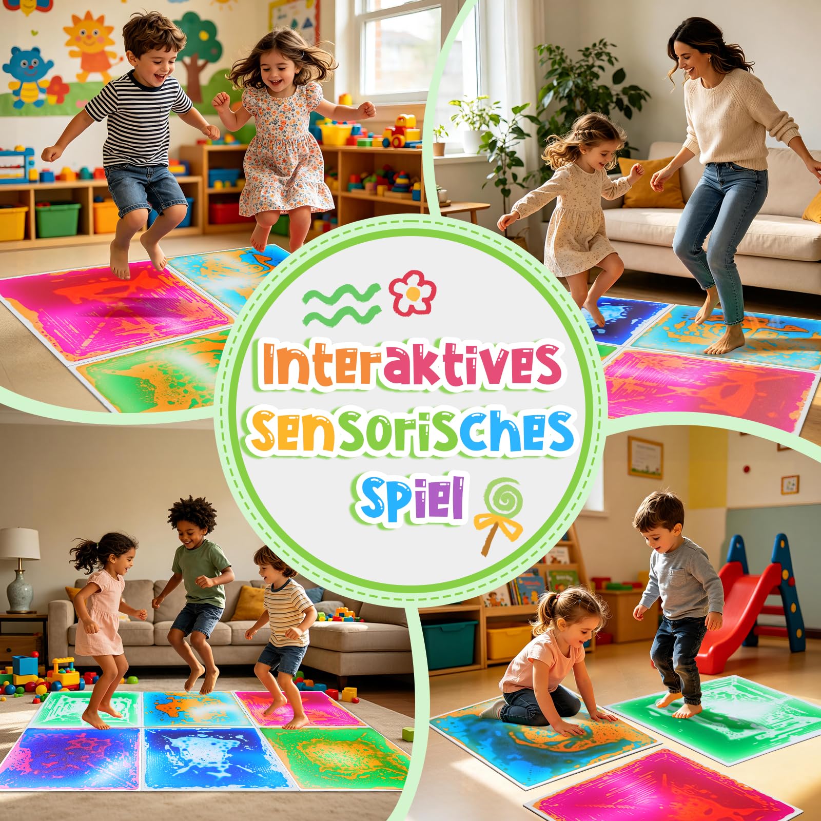 Große Sensorik Matte 50x50cm, flüssige mehrfarbige Bodenfliese PVC, CE EN71 Sensorspielzeug für Haus, Kindergarten und Autismus (4, 4pcs-5050-4COLORS)