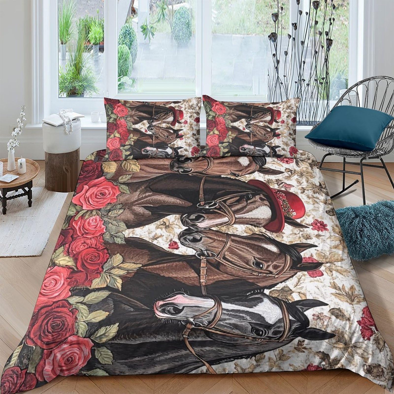 GPLZQXKJNH 3D Printed Horse Rose Duvet Cover Microfiber Soft Breathable Western Cowboy Quilt Cover Set with 2 Pillowcases for Bedroom Decor Single（135x200cm）