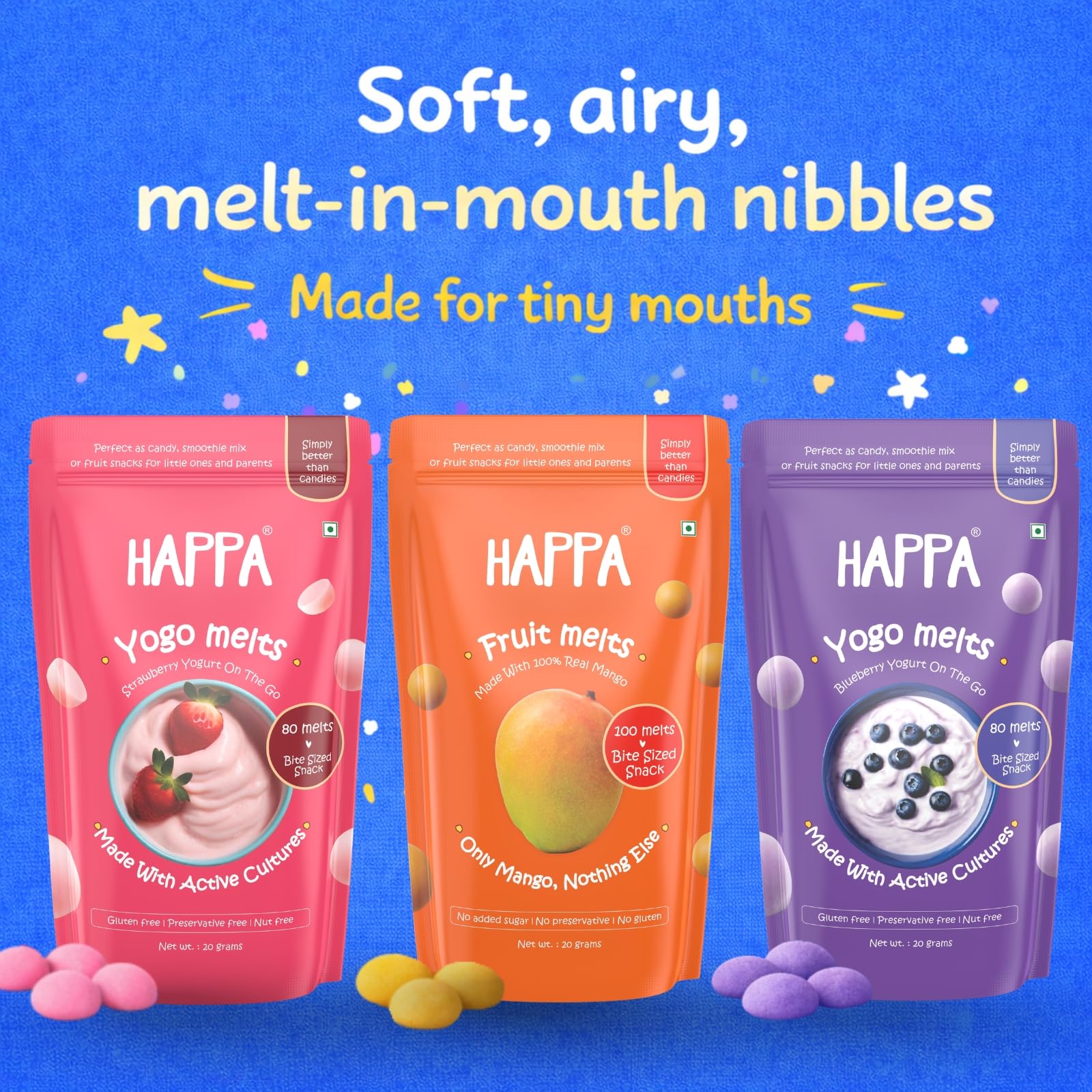 Happa Fruit & Greek Yogurt Melts | 100% Fruit & Yogurt Candy for Babies, Kids & Adults | No Colours, No Artificial Flavours | Melt-in-Mouth | 8M+ | 20g Pack of 3