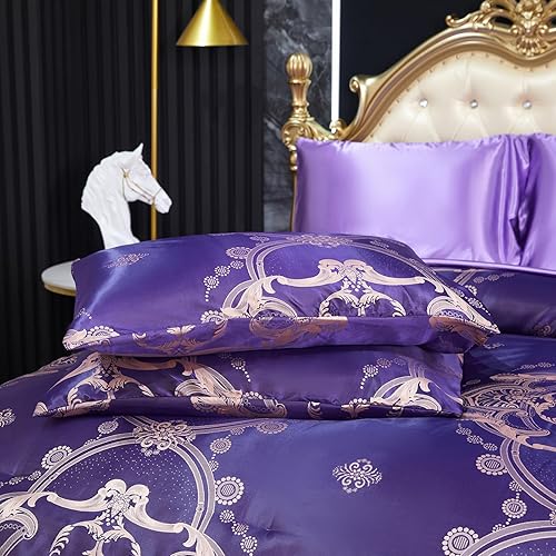 Miniatura 8 de Juego de edredón morado tamaño Queen, juego de sábanas de satén jacquard de 8 piezas bordado neoclásico floral elegante cama decoración del hogar,
