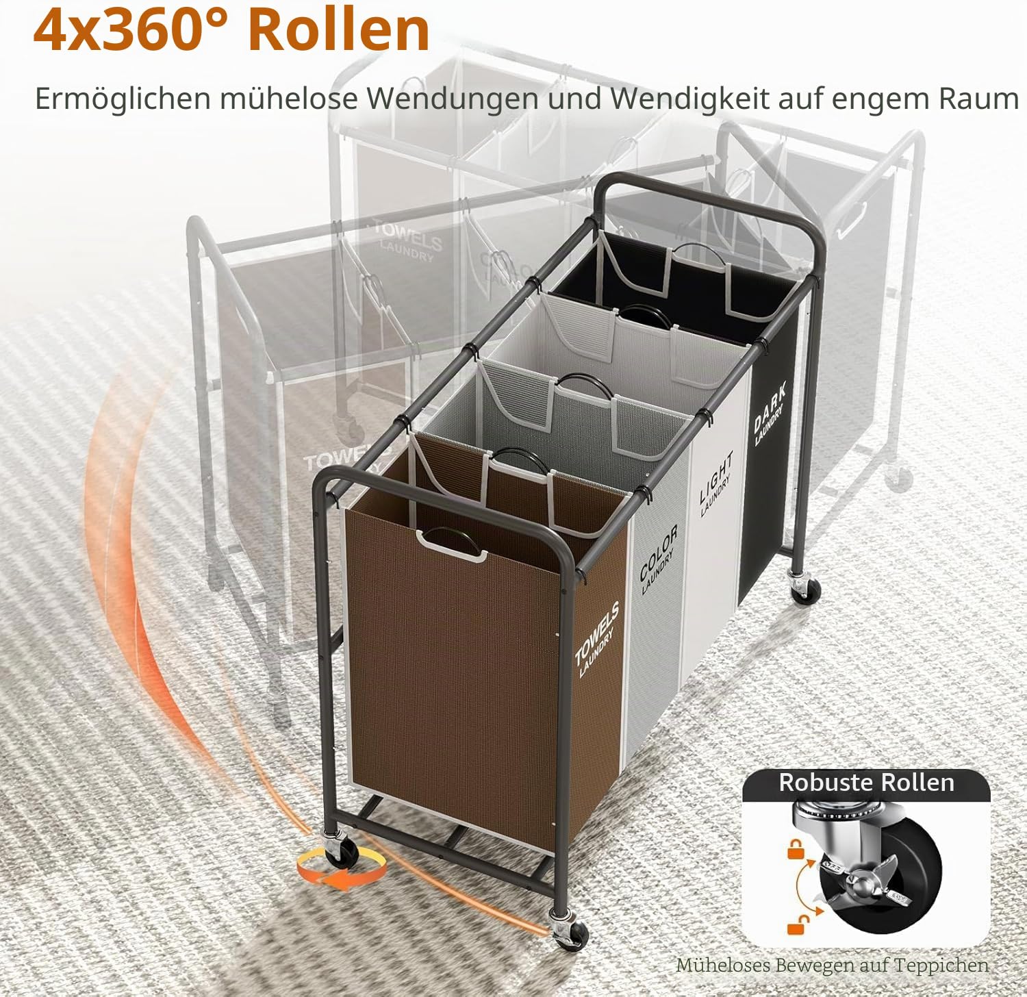 ROMOON Wäschesortierer, 4 Abschnitte, Wäschesammler mit Rädern, rollender Wäschekorb mit großer Kapazität und abnehmbaren Taschen für Kleideraufbewahrung, mehrfarbig