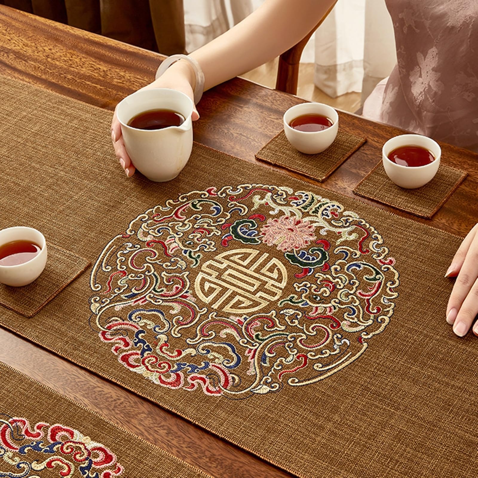 Chemin de Table Mariage 33x300cm, Chemin de Table Champetre Effet Lin avec Broderies de Style Chinois