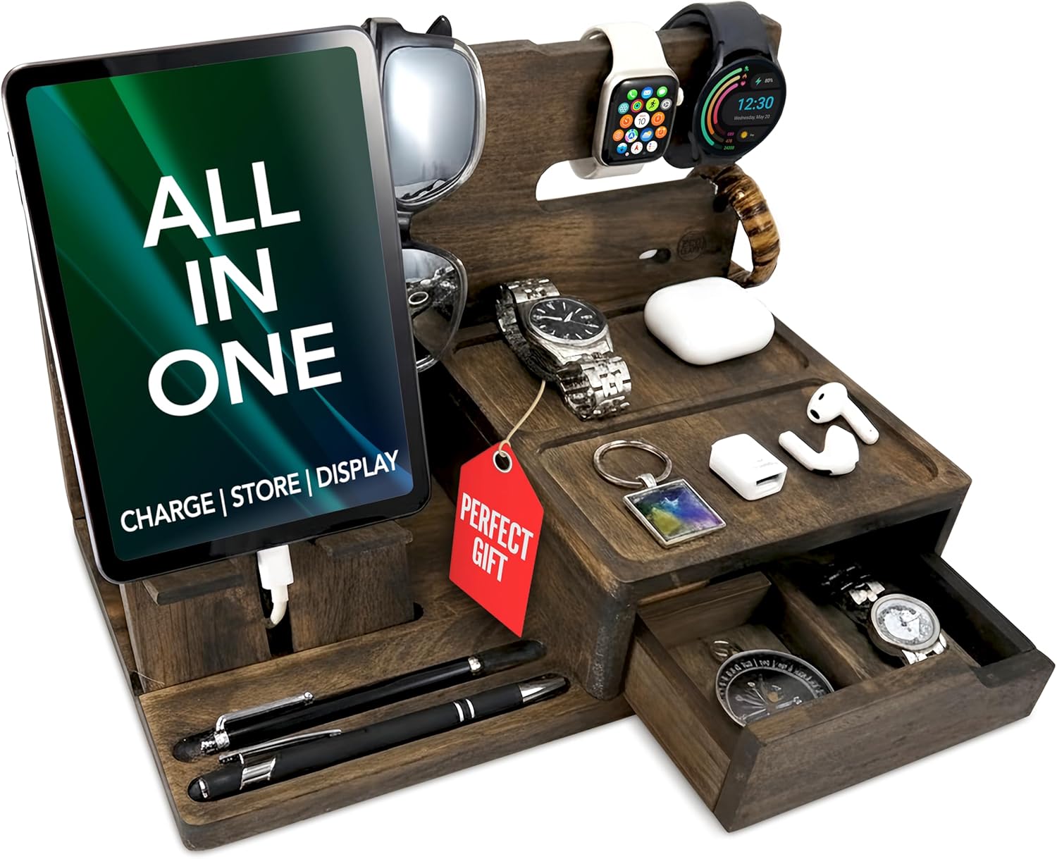 Nightstand Organizer- Phone Docking Station for Men- Unique Gifts for Husband, Father or Dad from Wife, Son or Daughter- Desk Organizer for Cellphone, Watches, Wallet and Key (Rustic)