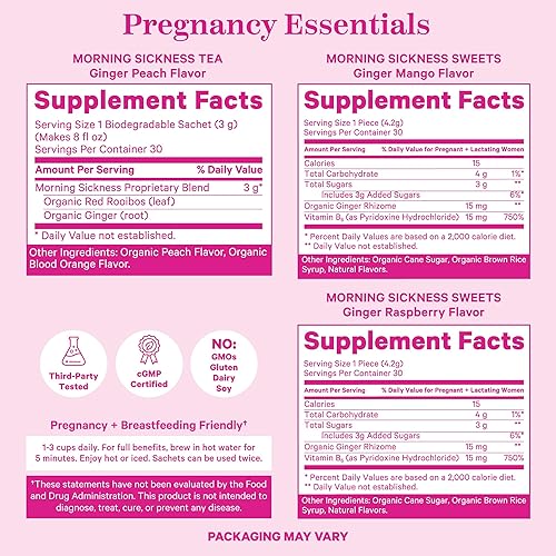 Miniatura 8 de Pink Stork Paquete de náuseas matutinas con té orgánico de melocotón y jengibre y dulces, apoya las náuseas matutinas para mujeres embarazadas,