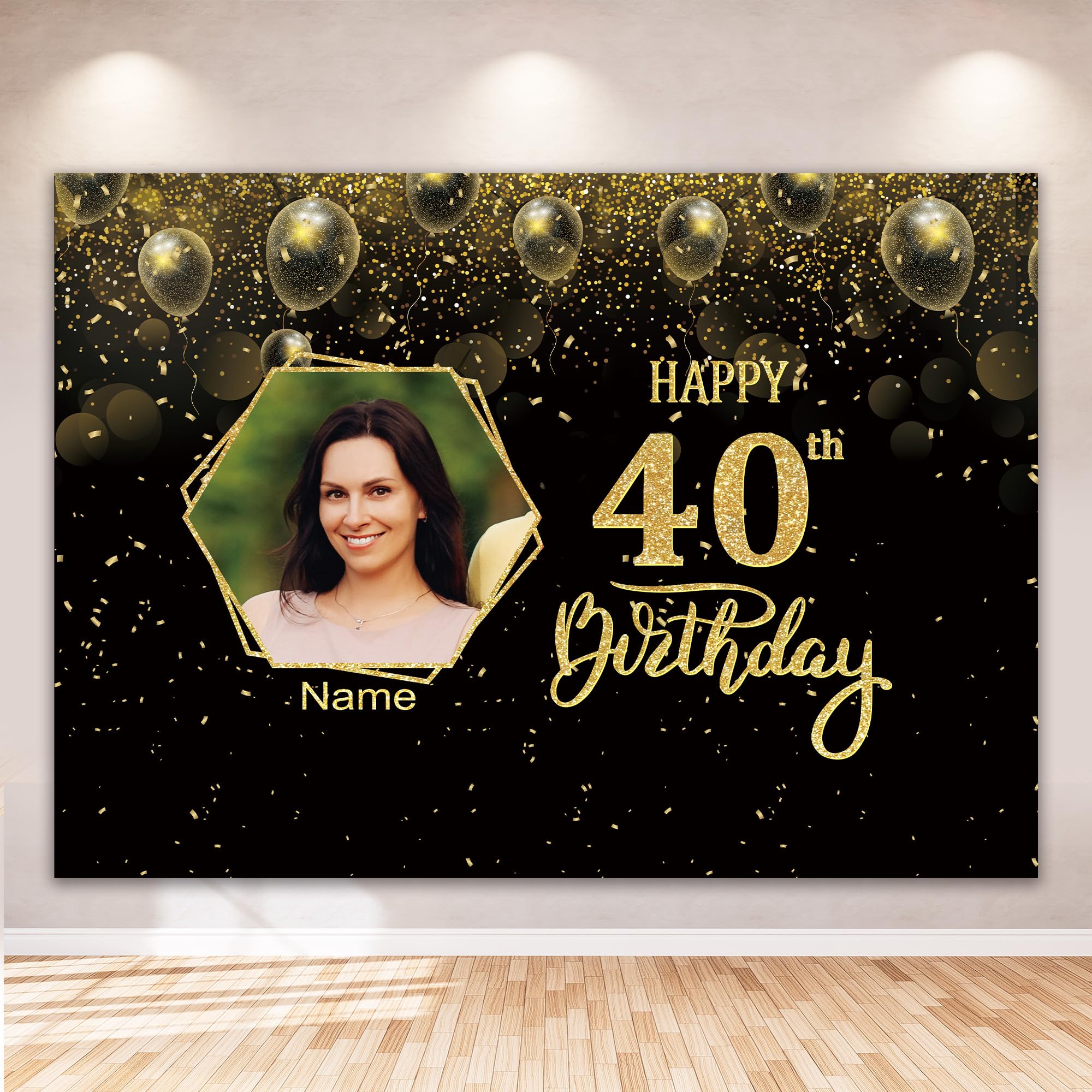 Personalized Black & Gold Birthday Backdrop with Photo Name, Custom 40th 50th 60th 80th Banner with Glitter Balloons, Party Decorations for Men &