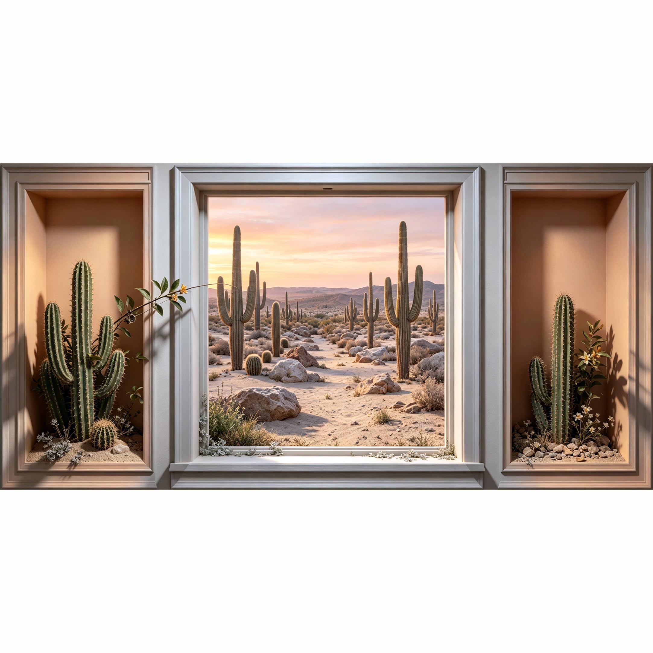 QZLITHOTIC 50x100cm 3D Framed Wall Art， Desert Cactus Sunset Botanical Landscape Self‑Adhesive Mural， Water‑Activated Peel & Stick Fabric Decor Wall Decal for Bedroom Living Room
