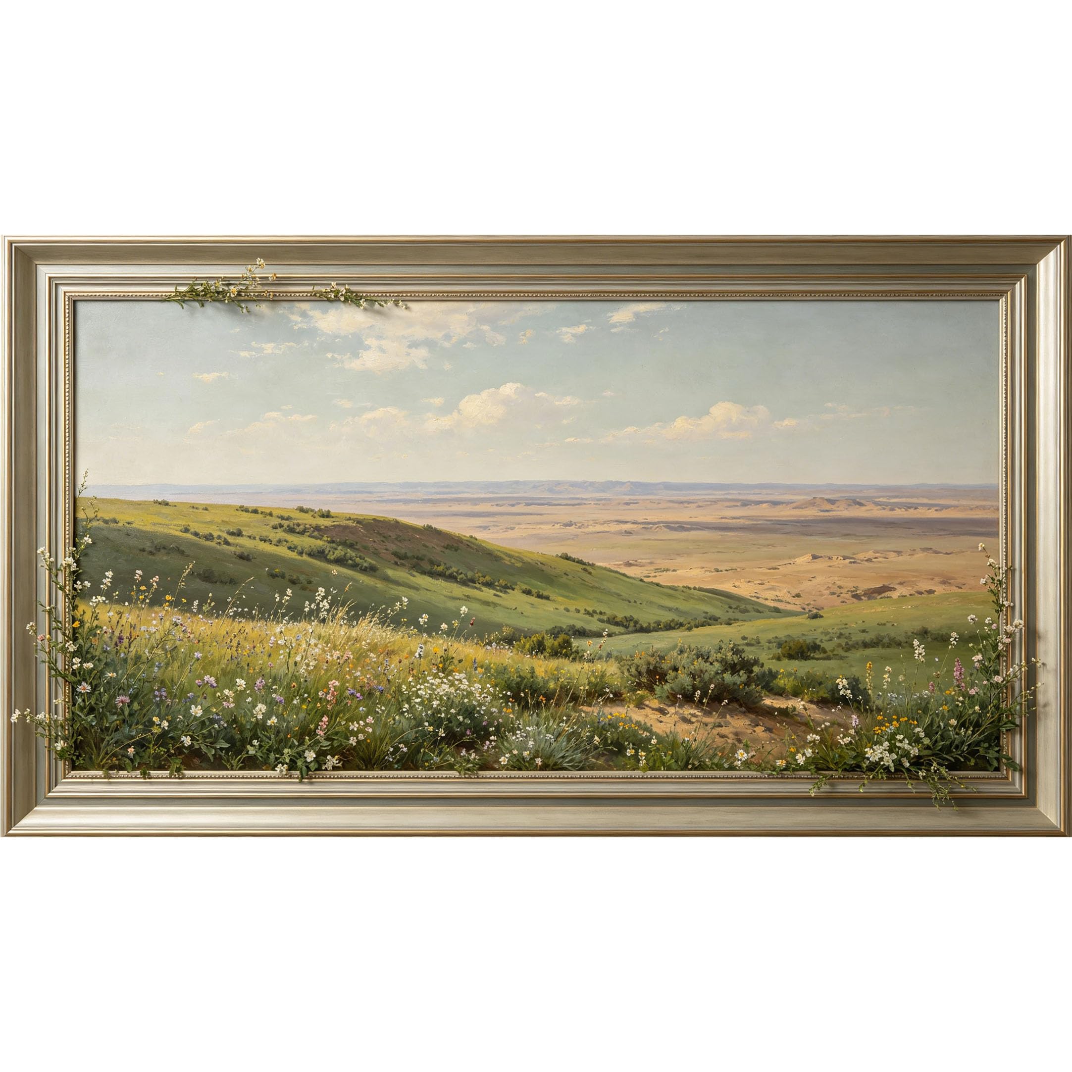 QZLITHOTIC 50x90cm3D Framed Wall Art， Mountain Meadow Landscape Self‑Adhesive Mural， Water‑Activated Peel & Stick Fabric Decor Wall Decal for Bedroom Living Room