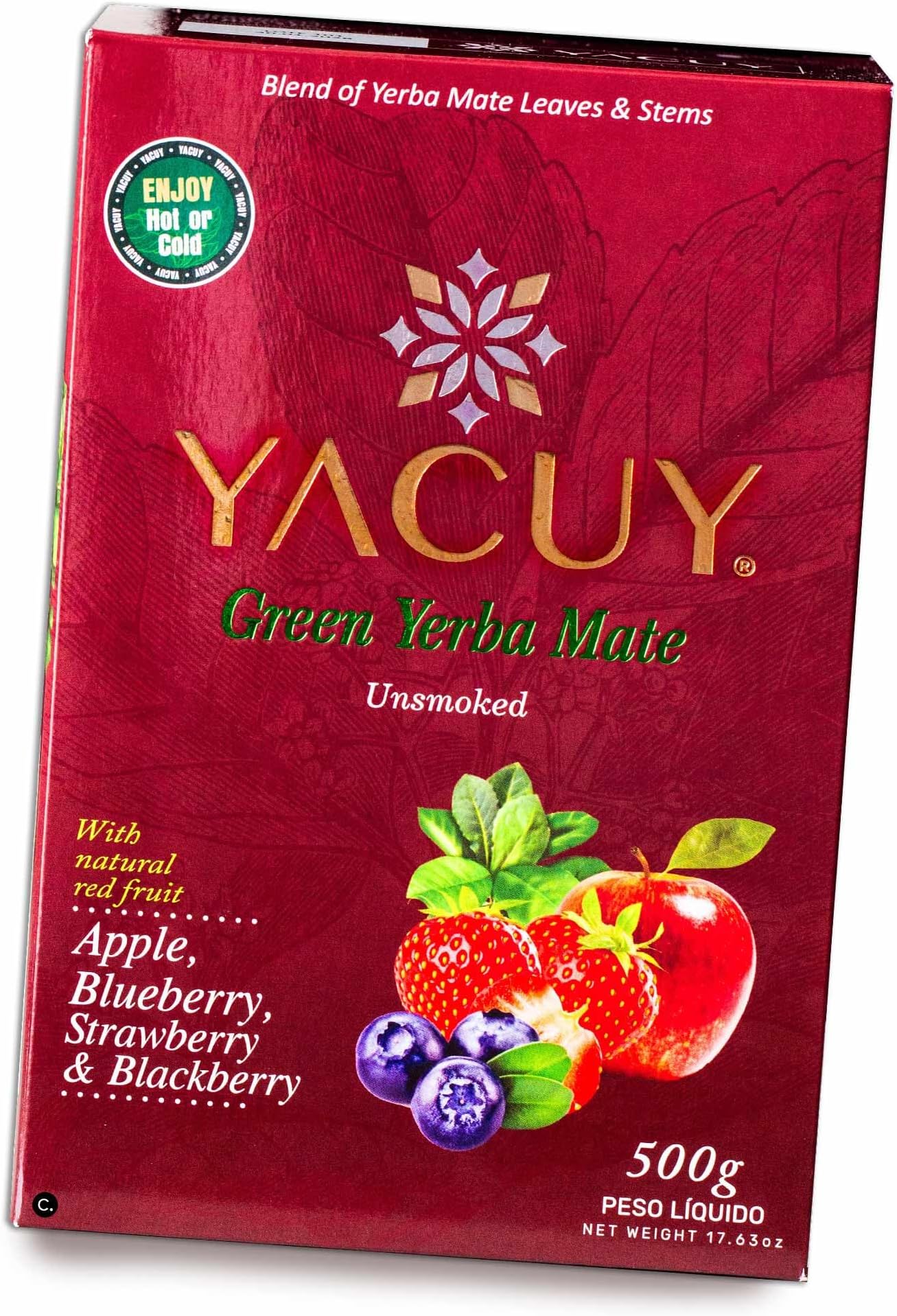 Yacuy Red Yerba Mate - Apple, Blueberry, Strawberry, Blackberry - Gourmet Tropical Flavors - Hot or Cold - Fresh Vacuum Sealed - 500g, 1.1lb (1 PACK)