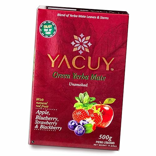 Yacuy Red Yerba Mate - Manzana, arándano, fresa, mora, sabores tropicales gourmet, caliente o frío, fresca sellada al vacío, 17.64 oz, 1.1 lb (1