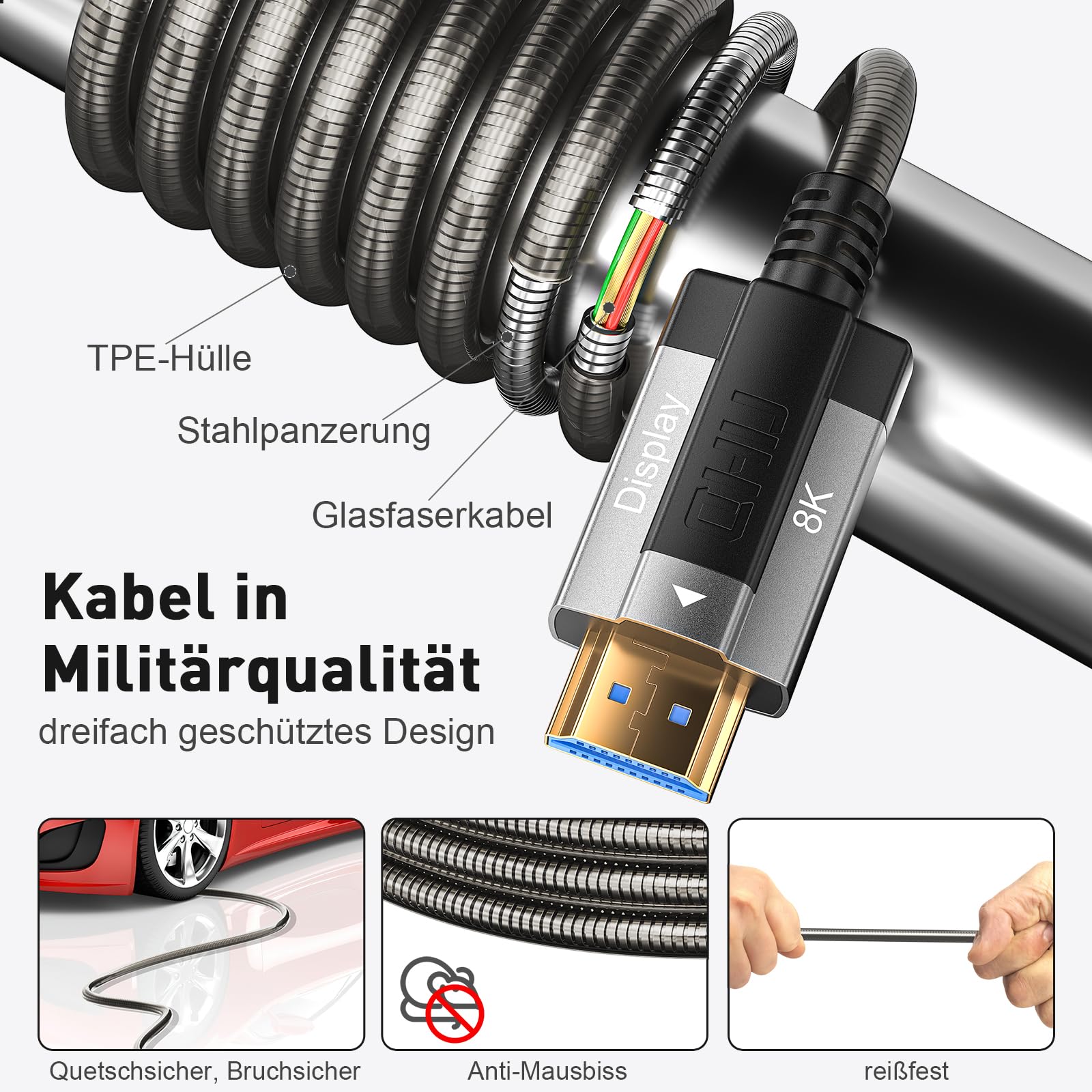 kabel światłowodowy 8K HDMI 15 m, w stalowym pancerzu, optyczny kabel HDMI 2.1, 48 Gb/s, ultra High Speed 8K@60 Hz, 4K@120 Hz Dynamic HDR, eARC, Dolby HDCP 2.2&2.3, do HDTV / projektora / kina