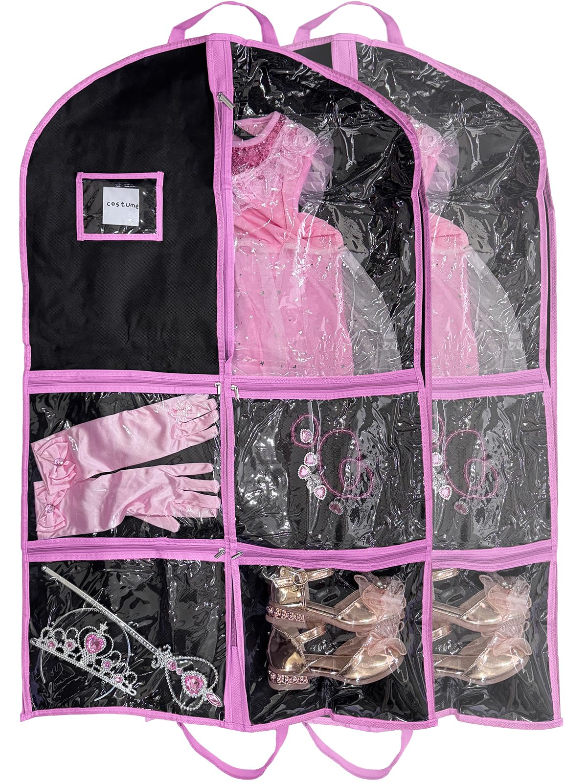 RIDESAIPU Dance Costume Garment Bag,Garment Bags with 4 Clear Zipper Pockets,Kids Hanging Clothes Cover for Girls 60x100cm(Pink,2 Pack)