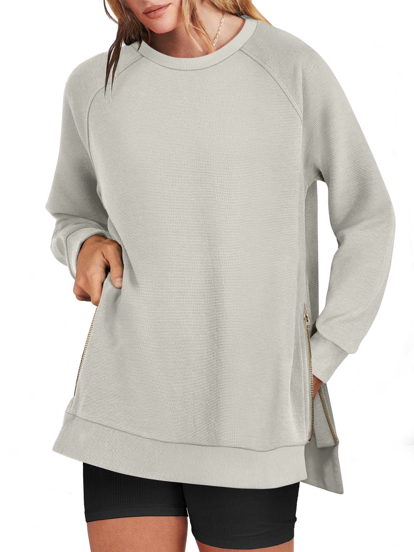 ANRABESSWomen's Oversized Sweatshirts Crewneck Long Sleeve Tunic Pullover Shirts Side Zipper Hoodies 2025 Fall Clothes