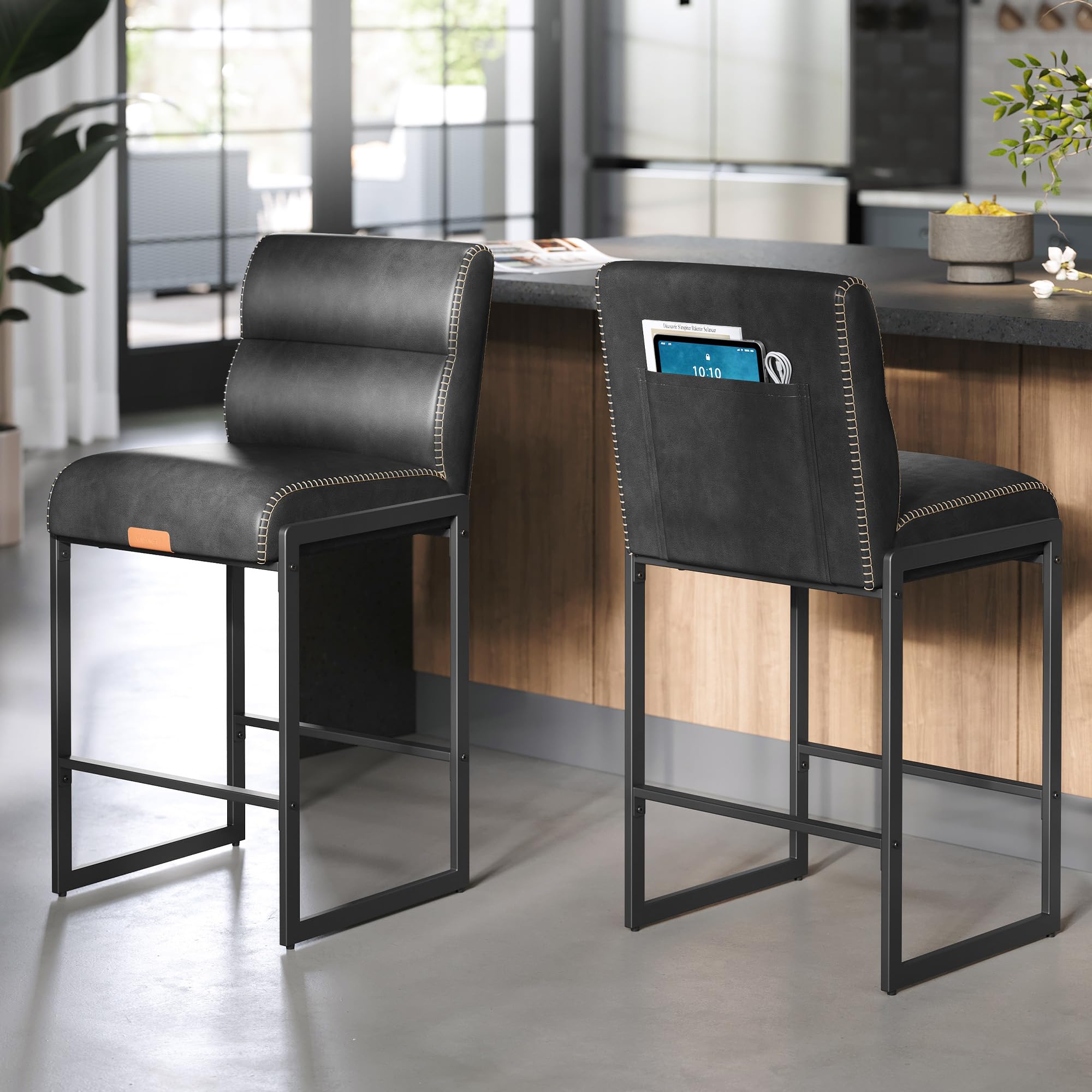 VASAGLE EKHO Collection - Bar Stools Set of 2, Counter Height Stools with Backs, 26.4-Inch Barstools Chairs, Synthetic Leather with Stitching, Mid-Century Modern, Ink Black ULBC116BH02