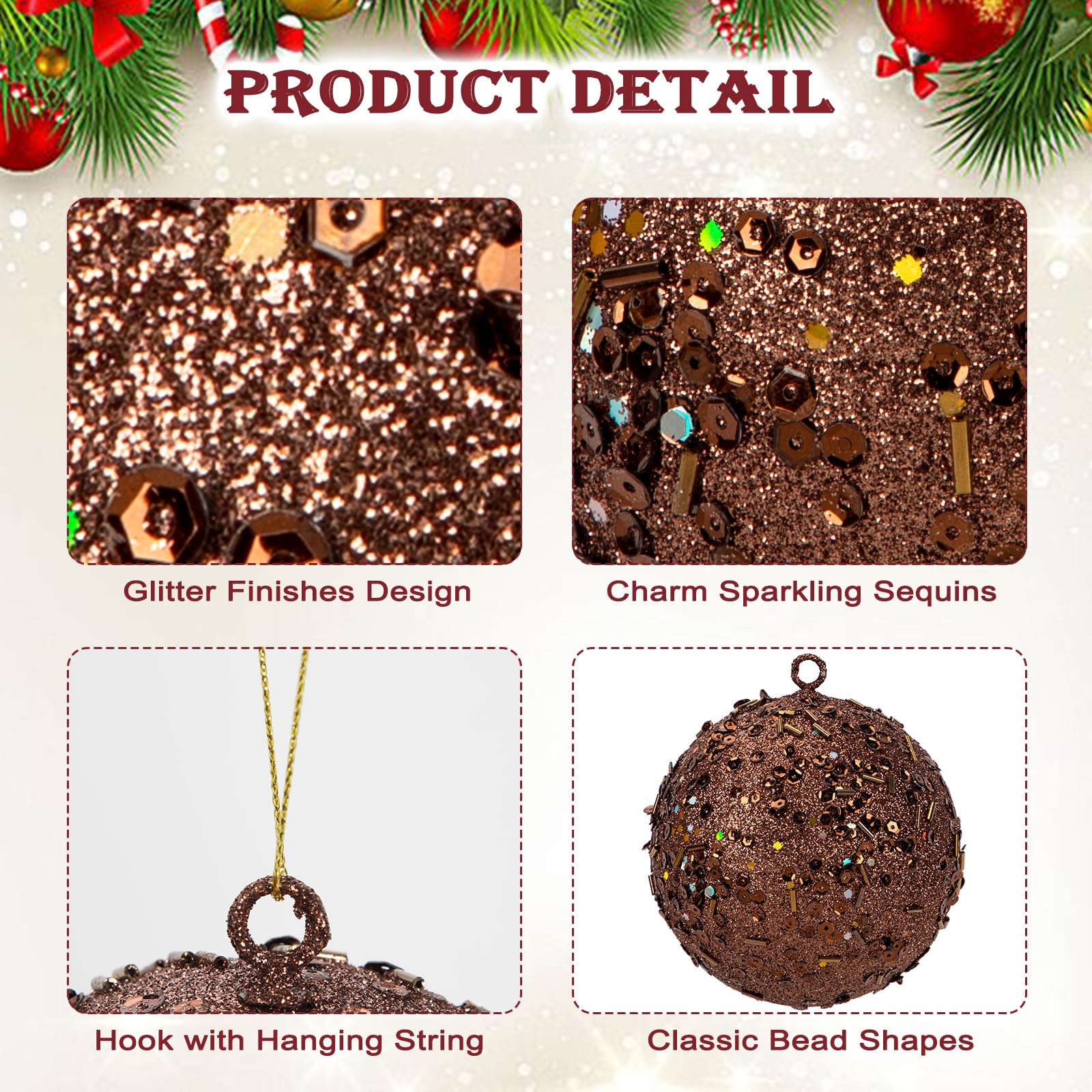 Lot de 6 Boules Décoratives de Sapin de Noël 10 cm - Paillettes Holographiques, Décorations Délicates pour Fête de Mariage, Bronze